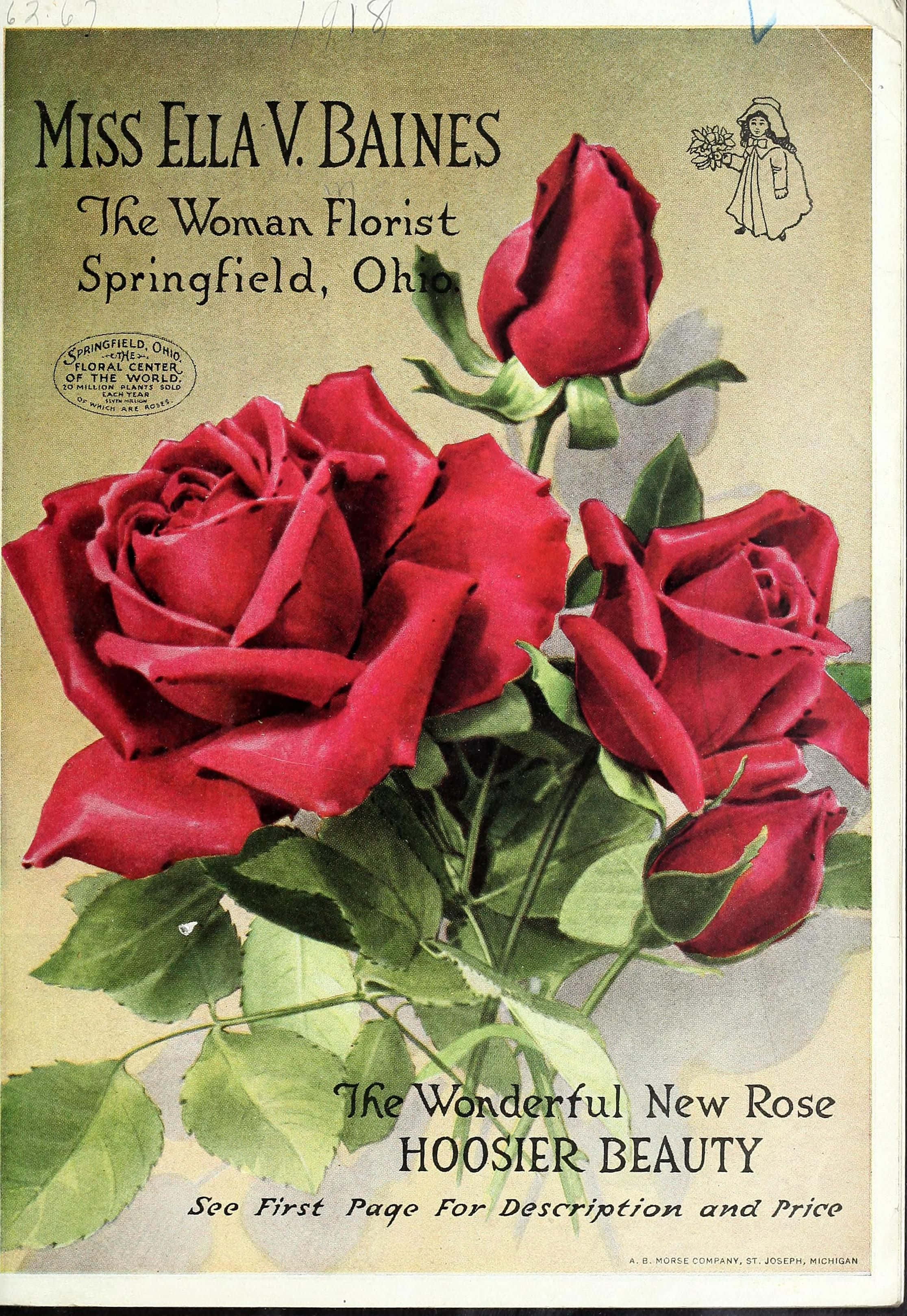 Vintage Rose 桌布 壁紙 — 復古廣告，展示鮮豔的紅玫瑰和綠葉，背景為奶油色，文字宣傳「Miss Ella V. Baines」的花卉業務。