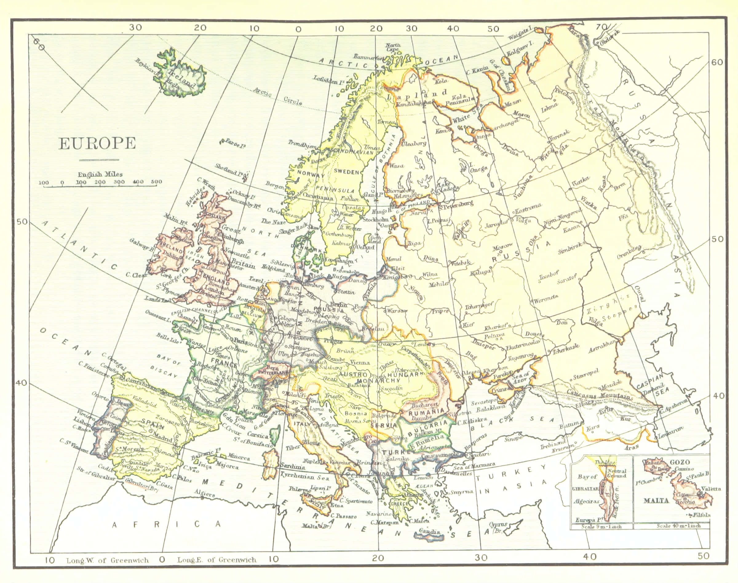 Europe 桌布 壁紙 — 復古彩色歐洲地圖，標有國家名稱及經緯線，印在舊羊皮紙上。