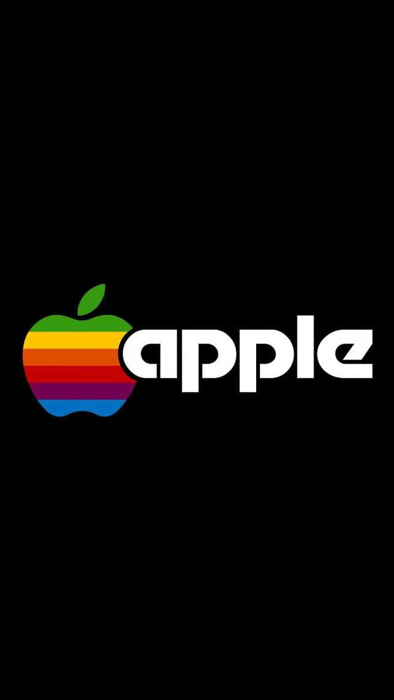 桌布 壁紙 — 復古彩虹條紋Apple標誌，白色文字，純黑色背景。