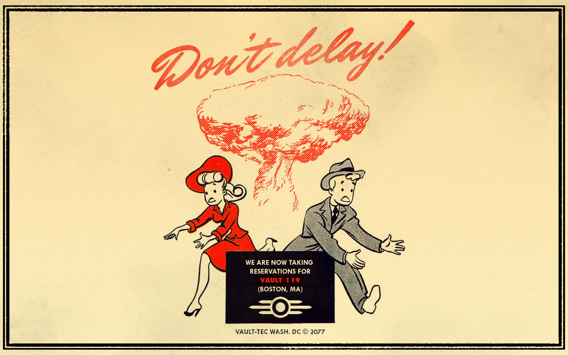 Vault-tec 桌布 壁紙 — 復古懷舊海報顯示一男一女穿著1950年代服裝逃離蘑菇雲，文字敦促預訂Vault 119 Boston MA。