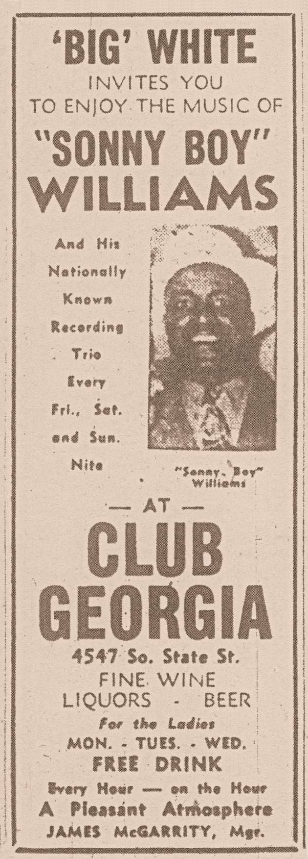 poster 桌布 壁紙 — 復古懷舊的棕褐色報紙廣告，宣傳 Sonny Boy Williams 在 Club Georgia 的音樂，附有藝術家的肖像照片。