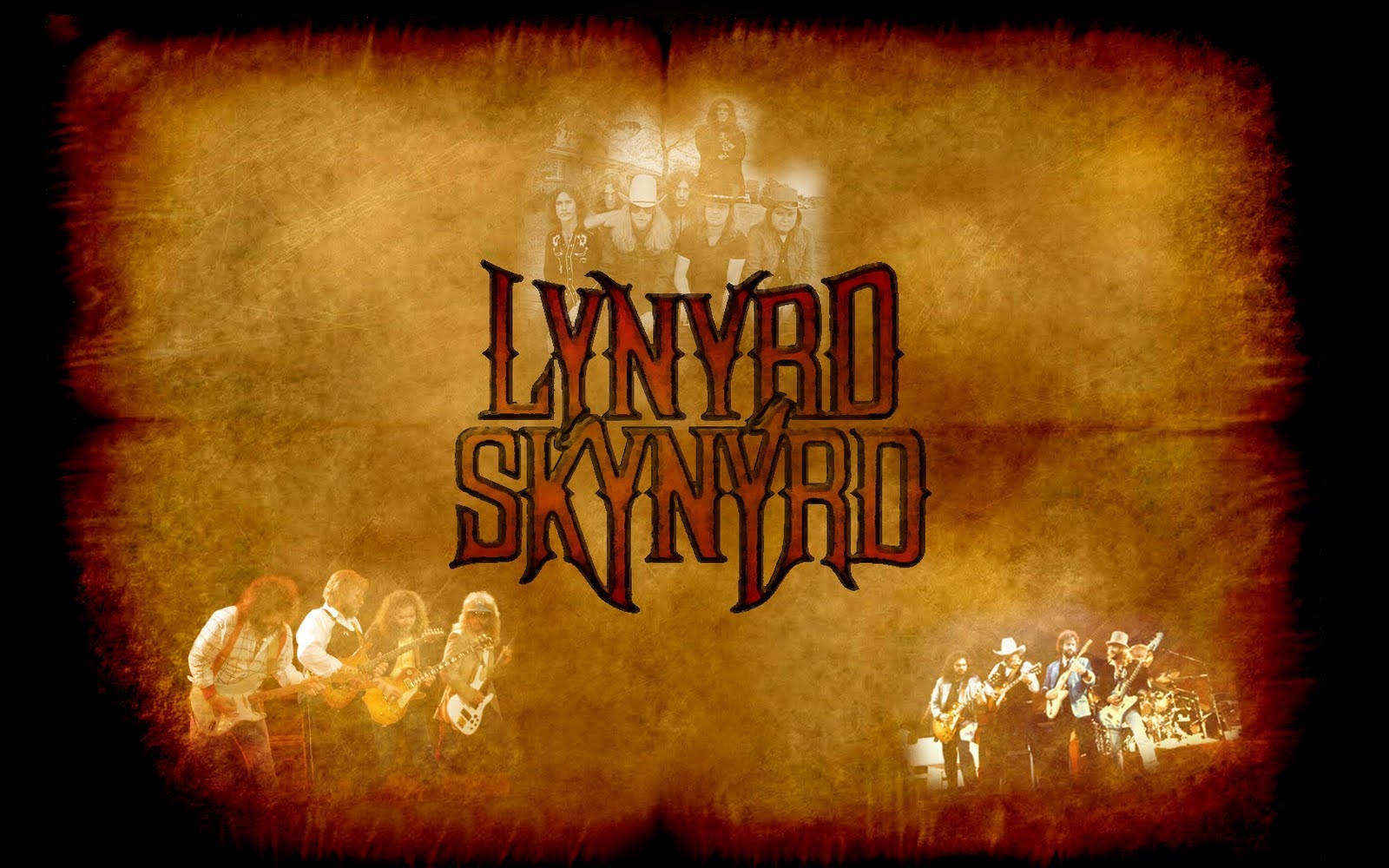 音樂 桌布 壁紙 — 復古懷舊的棕褐色調壁紙，展示 Lynyrd Skynyrd 樂團成員在紋理背景上表演，並帶有醒目的紅色標誌。