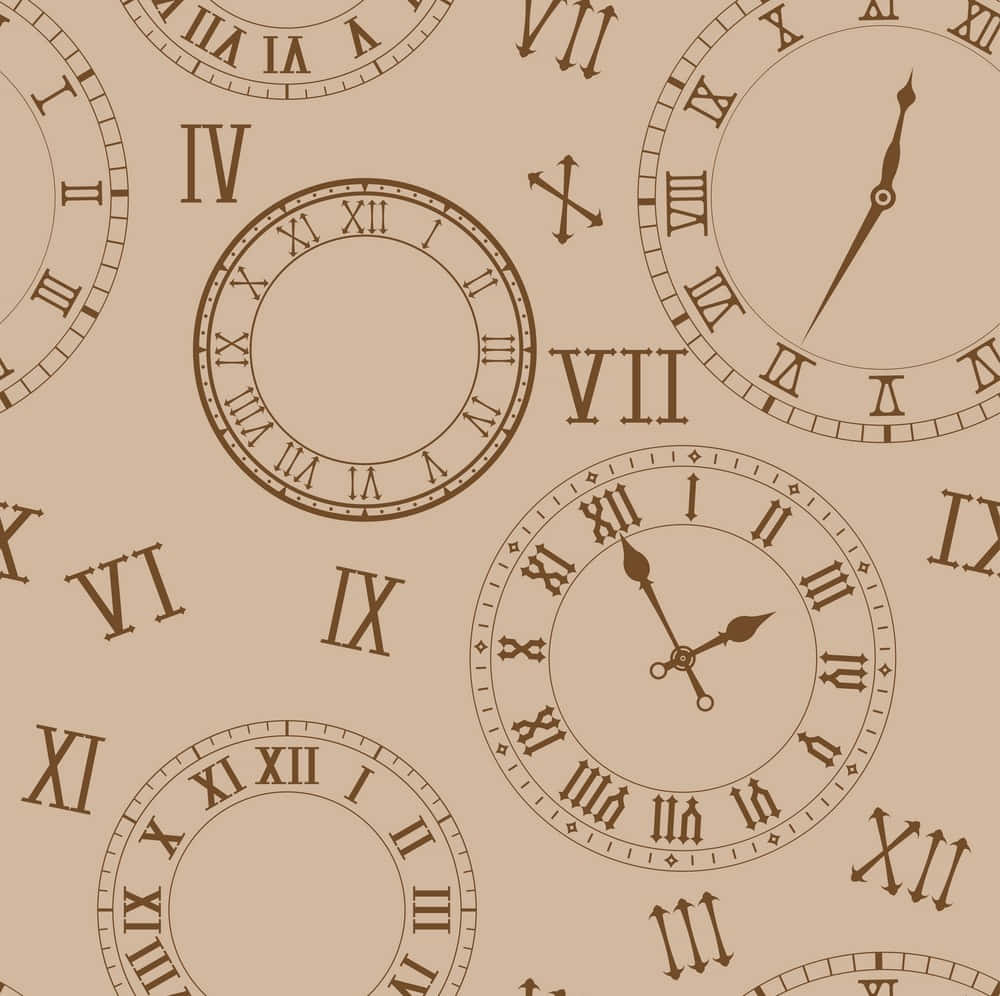 Clocks 桌布 壁紙 — 復古懷舊的棕褐色調壁紙圖案，散佈著帶有指針的羅馬數字時鐘和獨立數字。