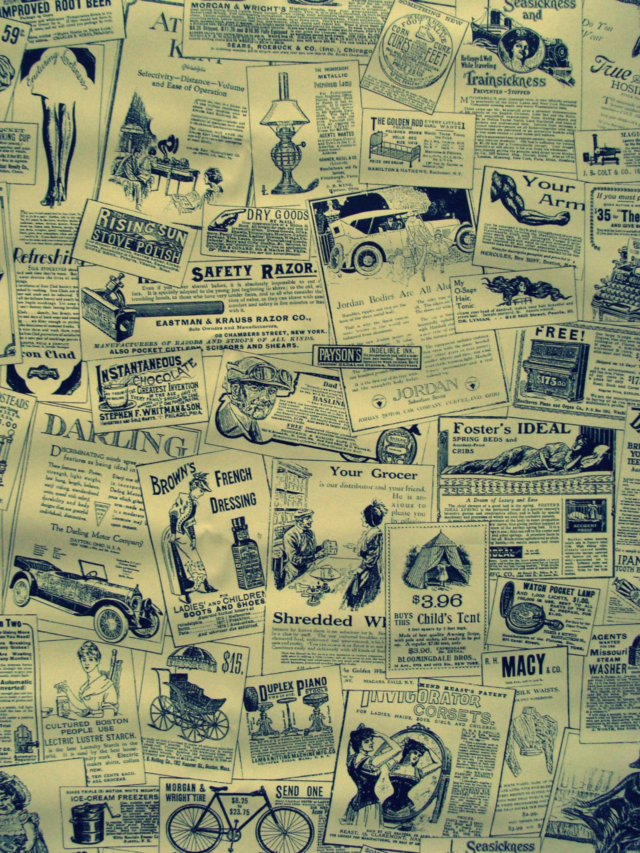 Newspaper Aesthetic 桌布 壁紙 — 復古懷舊的棕褐色調拼貼畫，重疊展示1920-30年代的廣告，包括汽車、剃鬚刀、帳篷和家居用品。