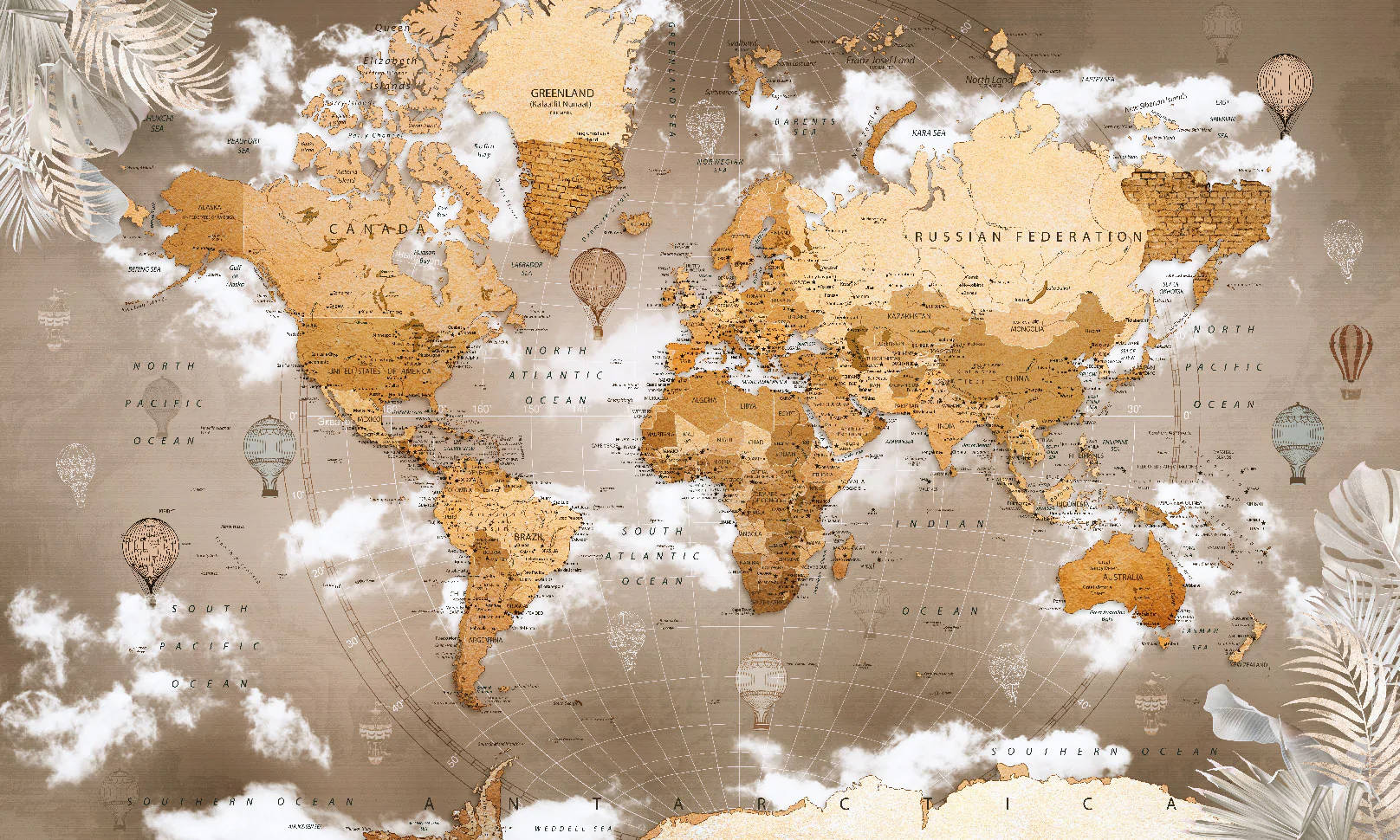 Map 桌布 壁紙 — 復古懷舊的深褐色世界地圖，點綴著熱氣球和熱帶樹葉，漂浮在雲層中。