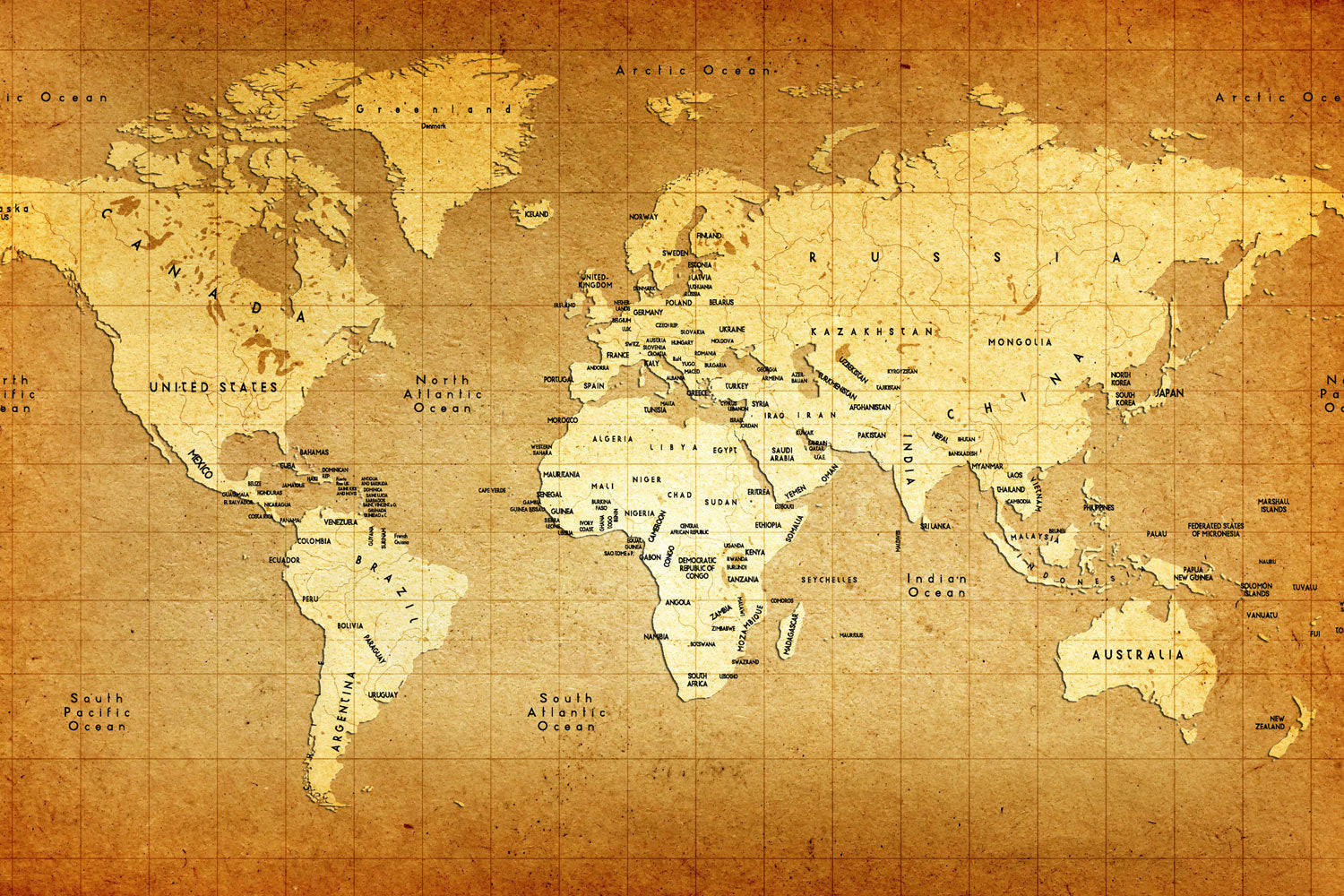 Map 桌布 壁紙 — 復古懷舊風格的世界地圖，以棕褐色調呈現，紙張帶有紋理，地圖上標有詳細的國家名稱和經緯線。