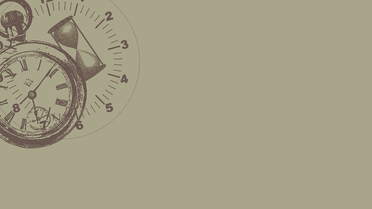 Clock 桌布 壁紙 — 復古懷錶和沙漏插圖，以棕褐色調呈現，背景為柔和的橄欖綠色。