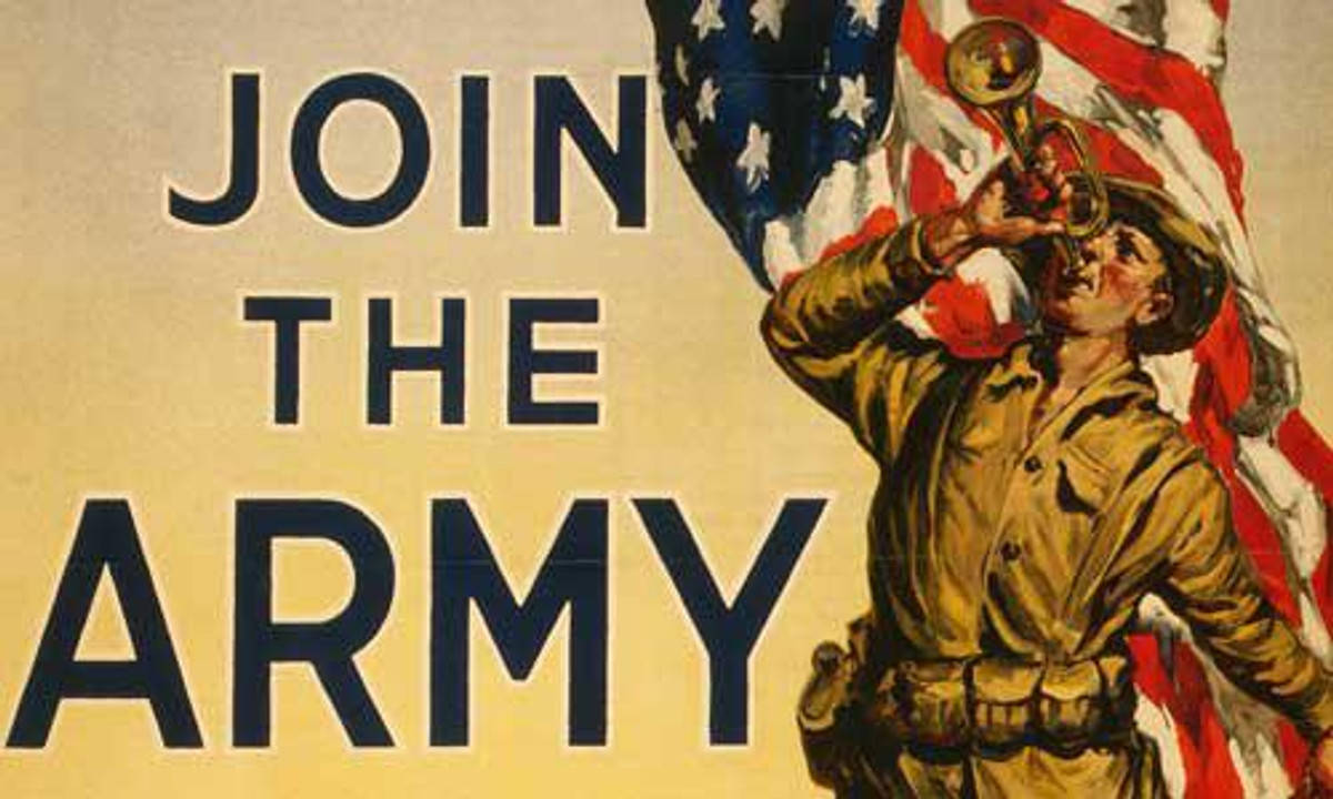 身穿制服的士兵在美國國旗旁吹奏喇叭，附有「Join the Army」字樣。 — 美國國旗 GIF 壁紙
