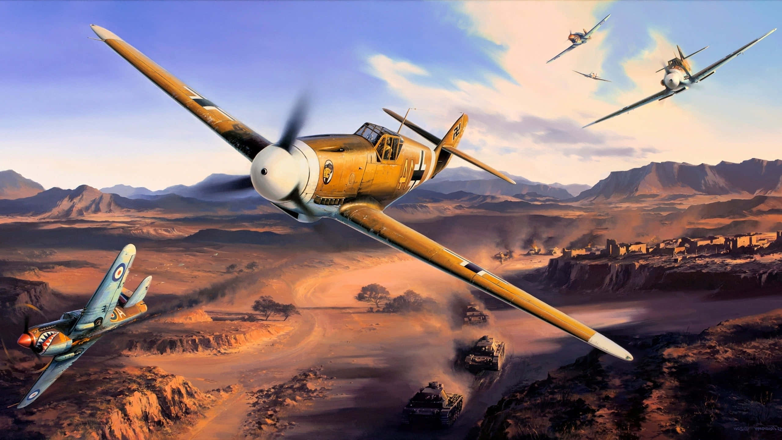nazi 桌布 壁紙 — 復古戰鬥機在沙漠戰場上空翱翔，坦克在金色夕陽天空下滾動。