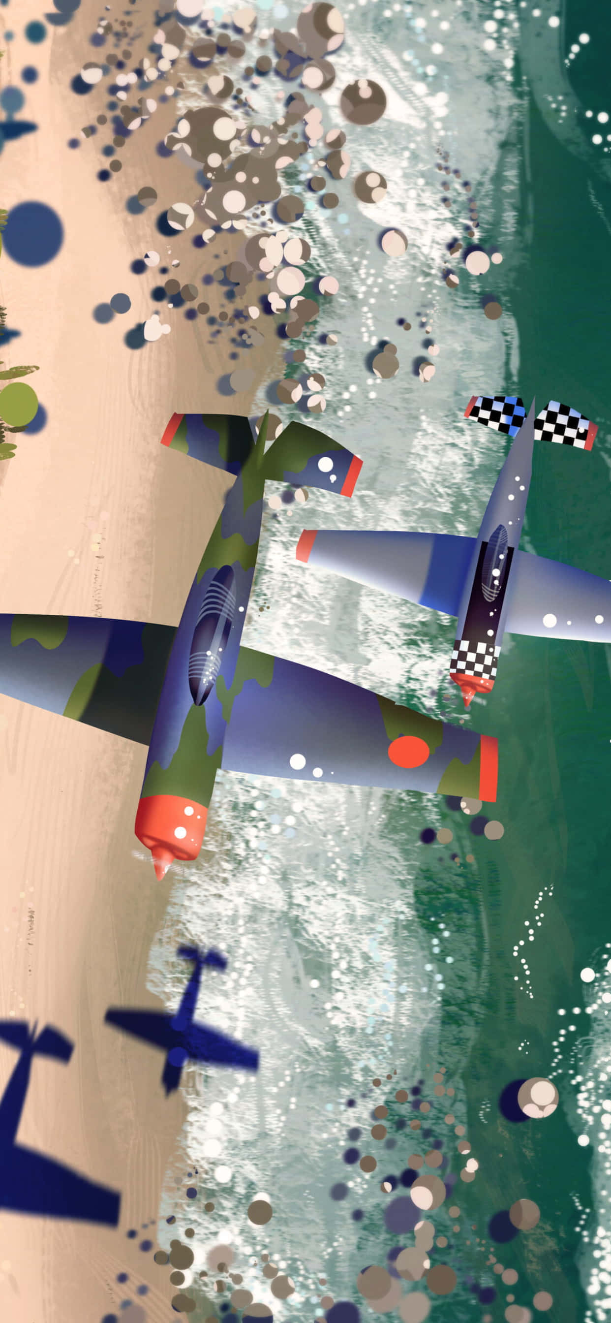 iPhone Xs Max Small Planes 桌布 壁紙 — 復古戰鬥機在海灘上空翱翔，綠松石色的水中漂浮著抽象的氣泡狀圖案。