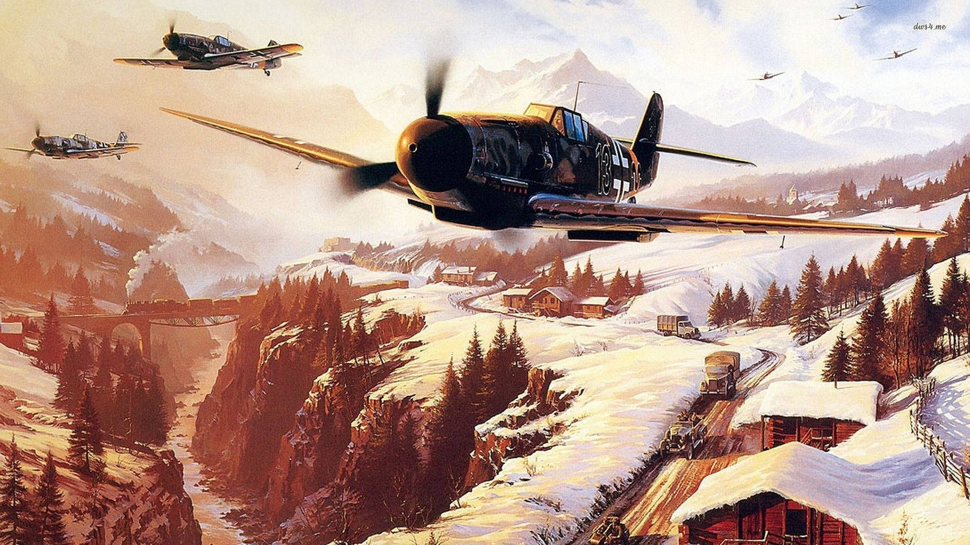 Ww2 桌布 壁紙 — 復古戰鬥機在白雪覆蓋的山谷上空翱翔，下方有木屋和蜿蜒的道路。