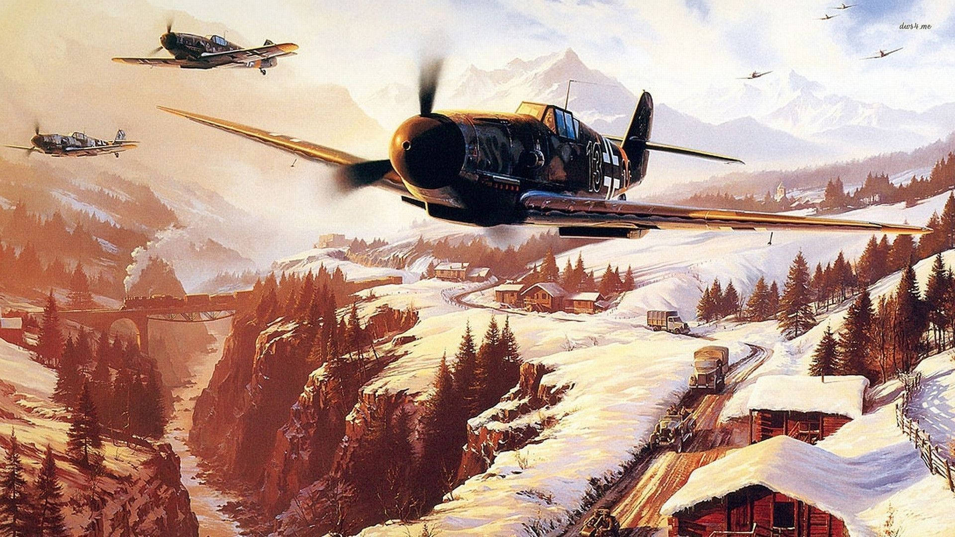 Alps 桌布 壁紙 — 復古戰鬥機在白雪覆蓋的阿爾卑斯山谷上空翱翔，下方有木屋和蜿蜒的道路。