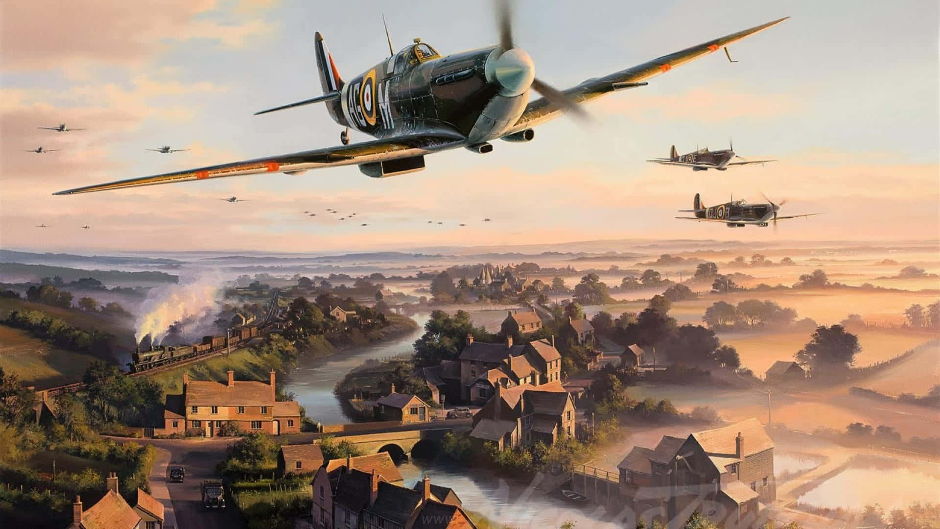 Ww2 桌布 壁紙 — 復古戰鬥機在霧氣瀰漫的英國鄉村小鎮上空翱翔，正值黃金時刻，一列蒸汽火車沿河岸行駛。