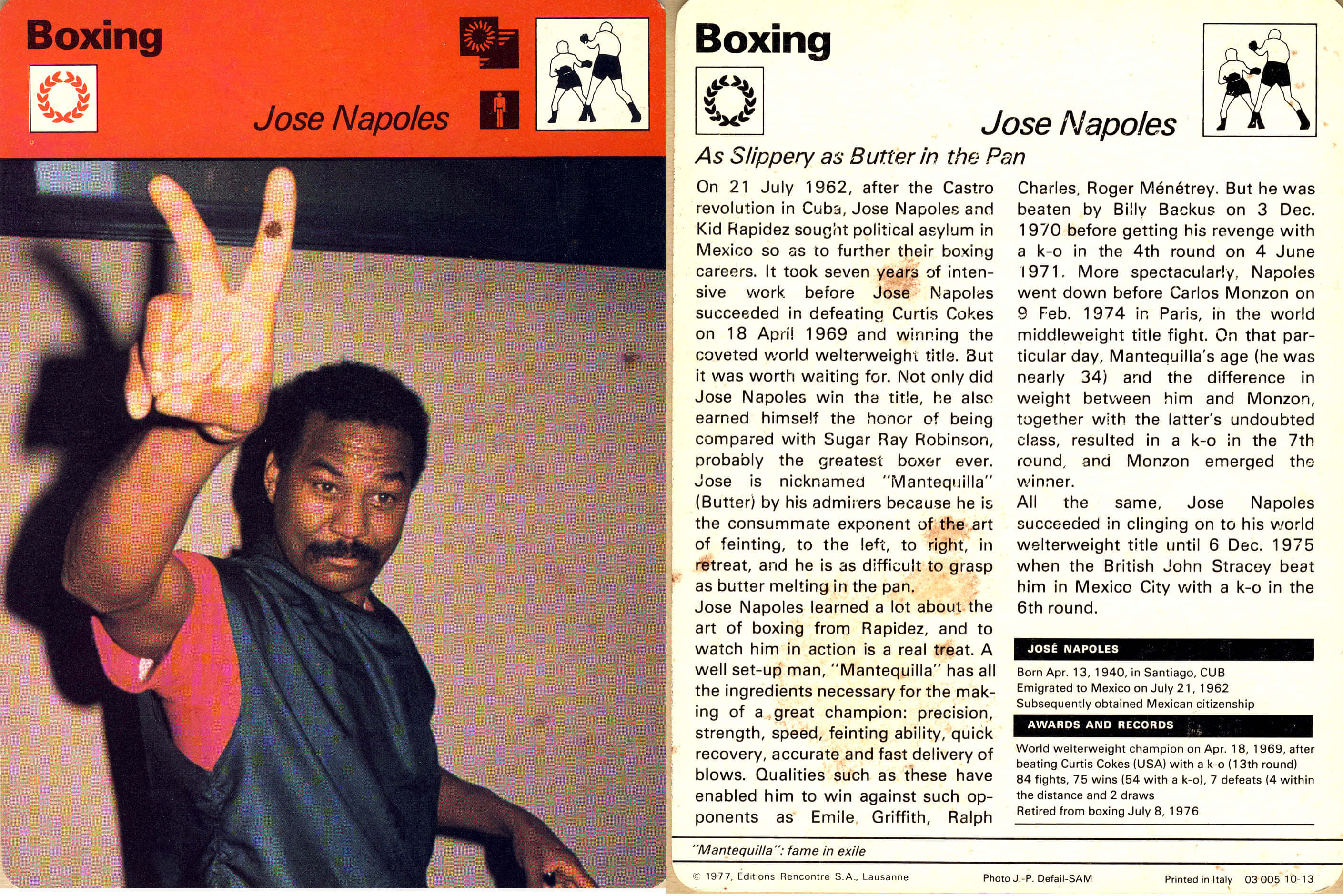 boxer 桌布 壁紙 — 復古拳擊卡，Jose Napoles 做出和平手勢，帶有醒目的橙色標題和詳細的傳記文字。