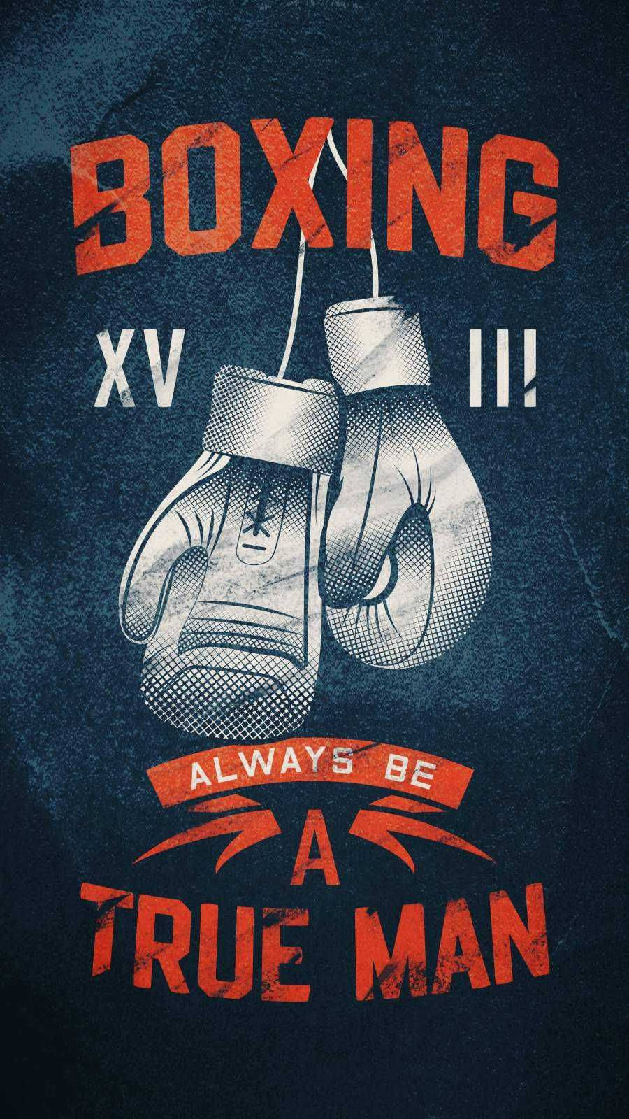 Cool Boxing 桌布 壁紙 — 復古拳擊手套掛在帶有紋理的深藍色背景上，並以粗體紅色文字宣告「BOXING」和「ALWAYS BE A TRUE MAN」。