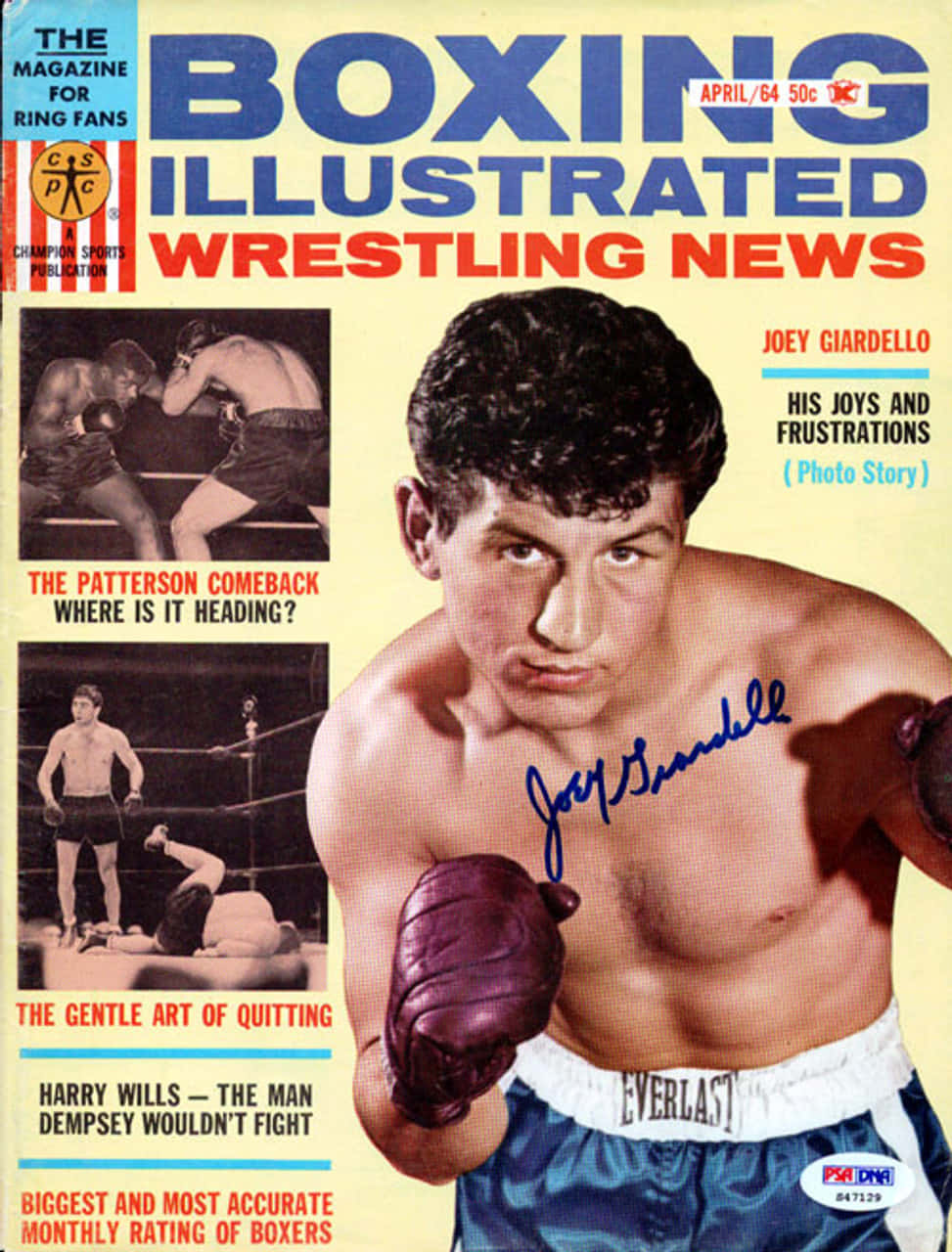 boxer 桌布 壁紙 — 復古拳擊雜誌封面， featuring Joey Giardello 穿著藍色 Everlast 短褲和紫色手套，帶有粗體復古字體和插入的比賽照片。