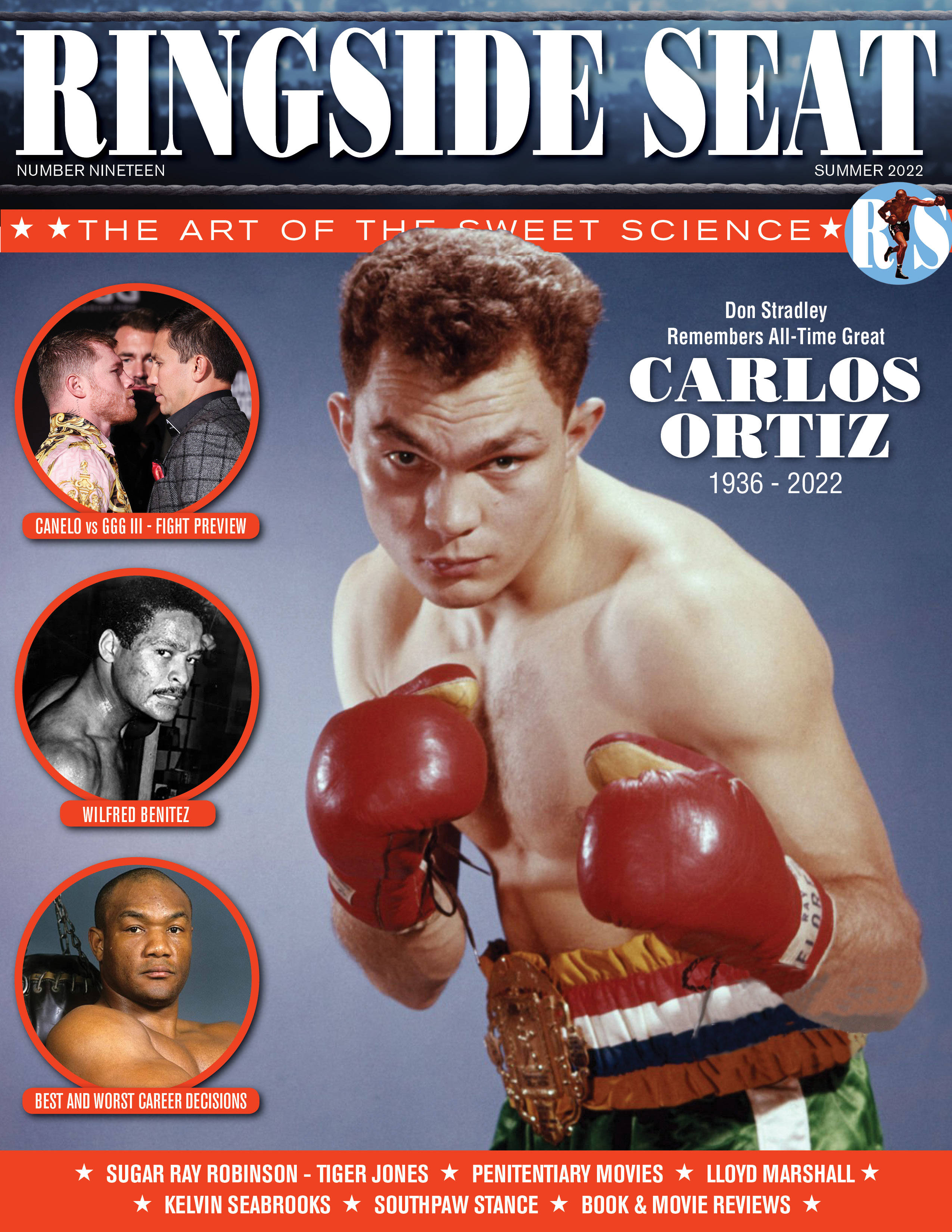 Athletic 桌布 壁紙 — 復古拳擊雜誌封面， featuring Carlos Ortiz 戴紅色手套和冠軍腰帶，周圍是拳手肖像和粗體文字。