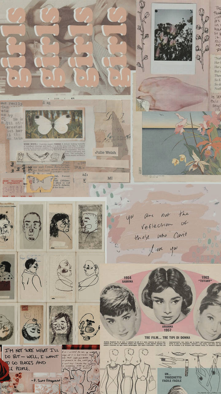 retro aesthetic iPhone 桌布 壁紙 — 復古拼貼，包含手寫筆記、素描和照片，帶有重複的「girls」文字、花卉元素和經典電影明星肖像。