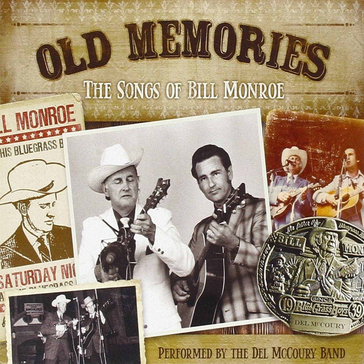 音樂 桌布 壁紙 — 復古拼貼畫，以Bill Monroe和Del McCoury樂團照片及藍草音樂紀念品為特色，背景為陳舊木紋。