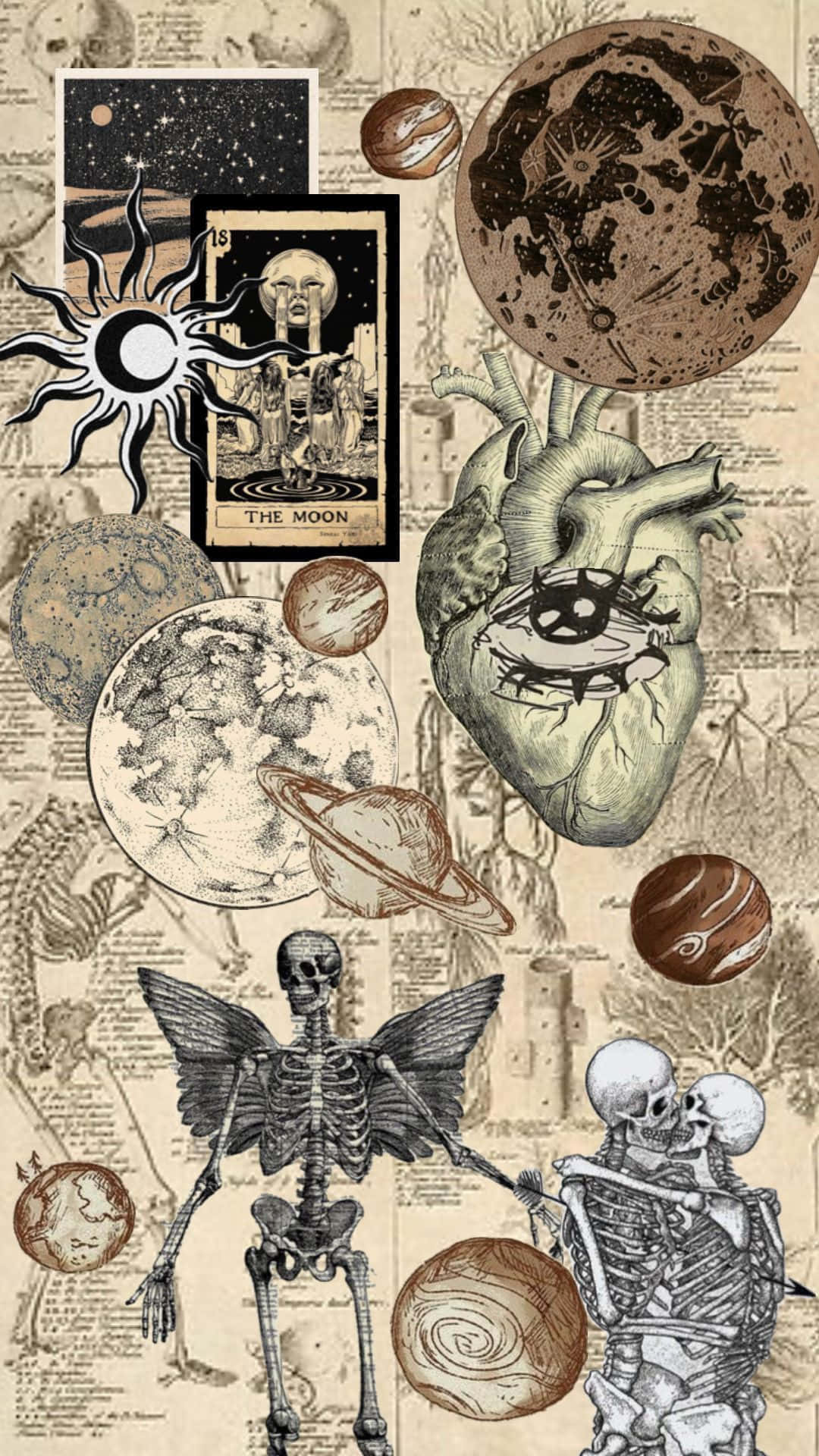 Vintage Collage 桌布 壁紙 — 復古拼貼畫，包含天體、解剖心臟和骨骼人物，背景為陳舊羊皮紙。