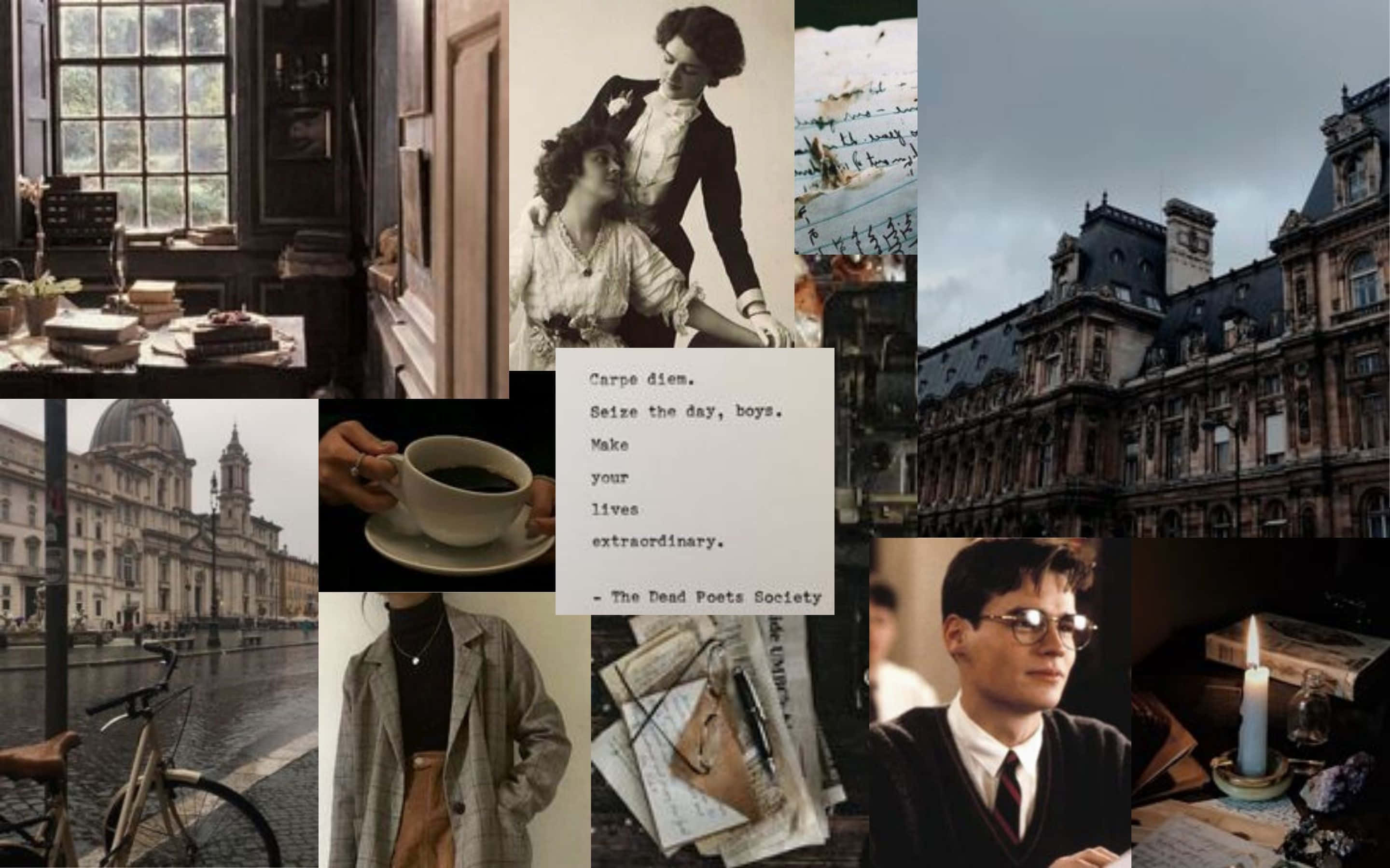 Dark Academia Aesthetic 桌布 壁紙 — 復古拼貼畫，展現文學與電影時刻，包括巴黎街道、咖啡杯、《春風化雨》的引言及古典建築。