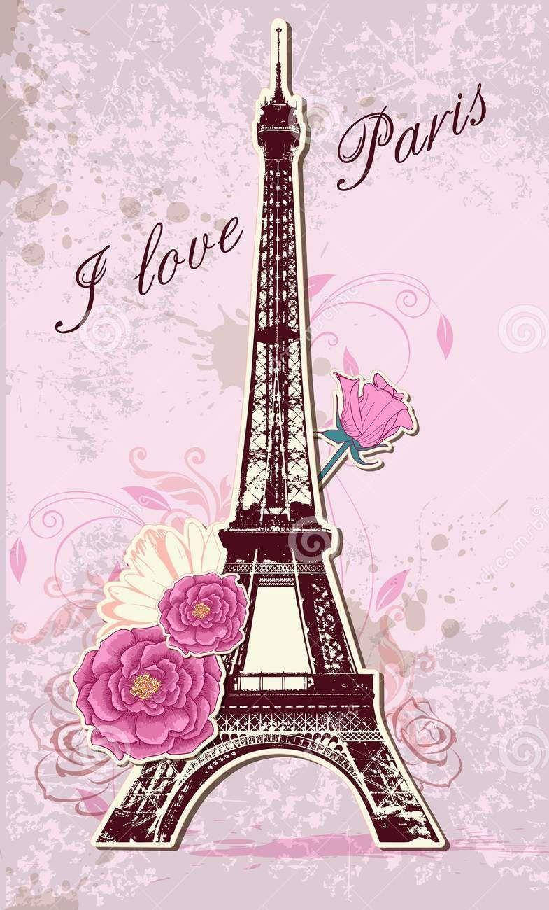 Eiffel Tower 桌布 壁紙 — 復古插圖，艾菲爾鐵塔點綴著粉紅色花朵和漩渦，背景為質感薰衣草色。