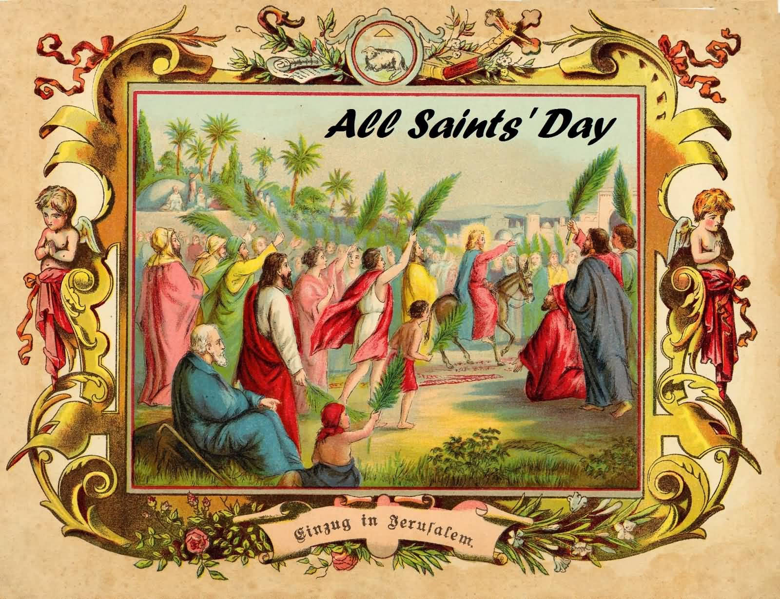 All Saints Day 桌布 壁紙 — 復古插圖卡片描繪耶穌進入耶路撒冷，人群在明亮的天空下揮舞棕櫚枝。