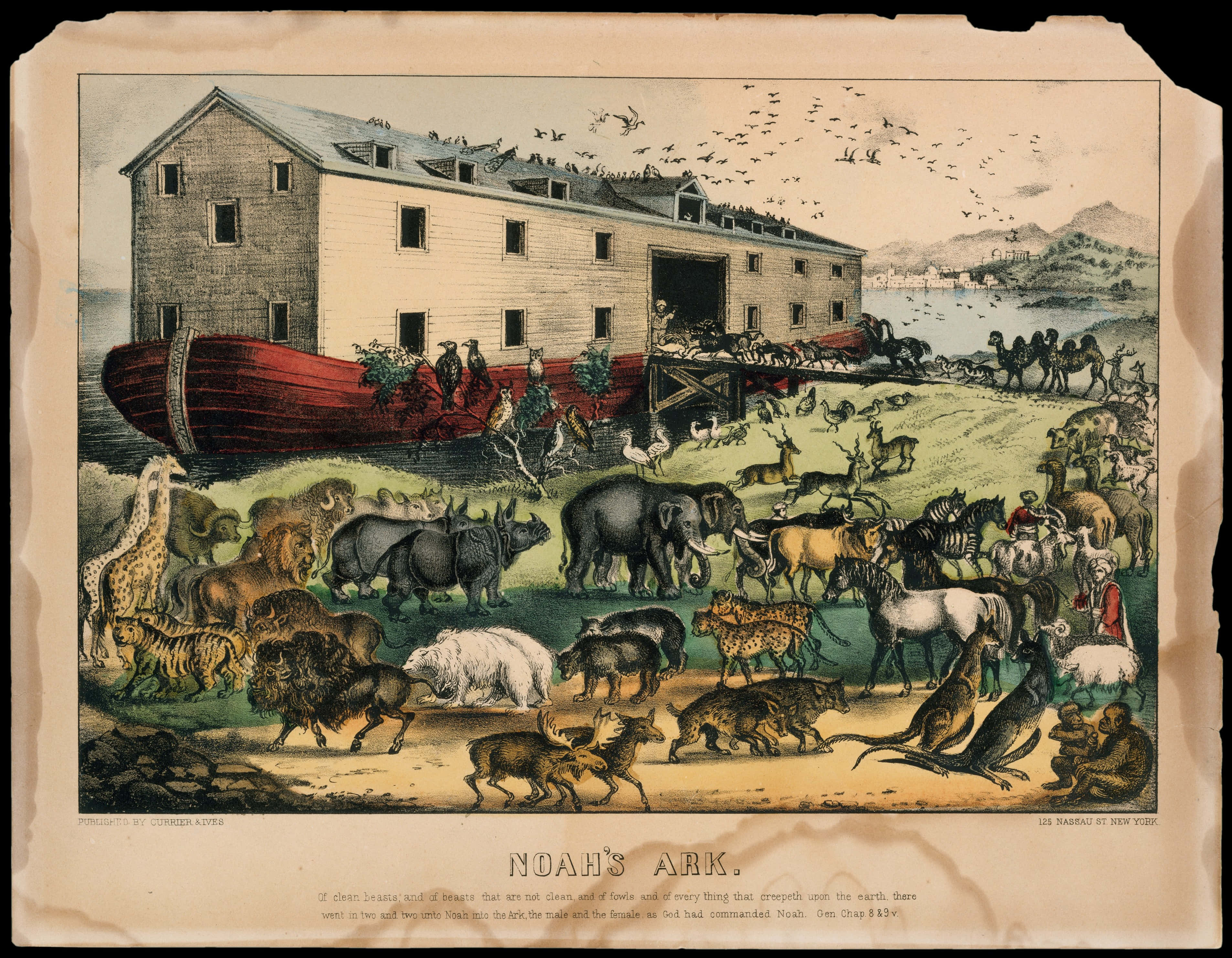 Noah's Ark 桌布 壁紙 — 復古插圖場景：諾亞方舟上各種動物正在登陸靠近大木船的草地岸邊。