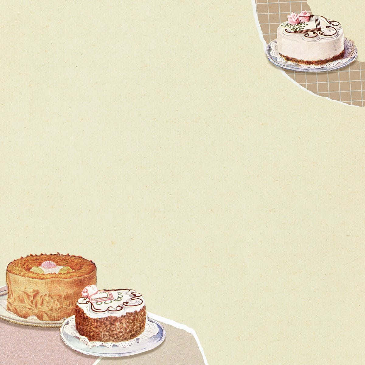 Desserts 桌布 壁紙 — 復古插圖蛋糕從柔軟米色背景上的撕紙邊緣窺視出來。