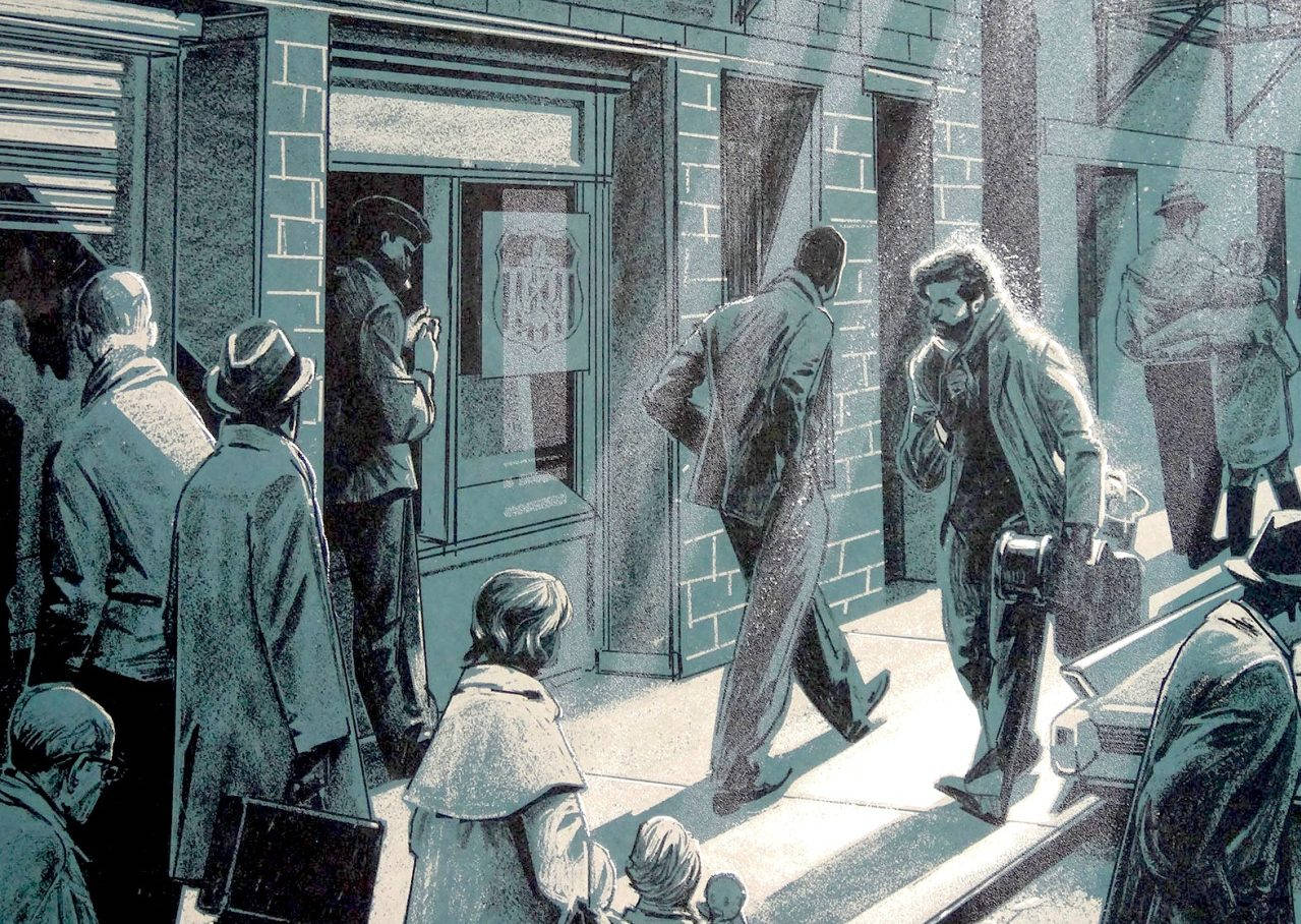 inside llewyn davis 桌布 壁紙 — 復古插圖街景，人們穿著大衣戴著帽子在明亮的陽光下走過商店櫥窗，投下長長的影子。