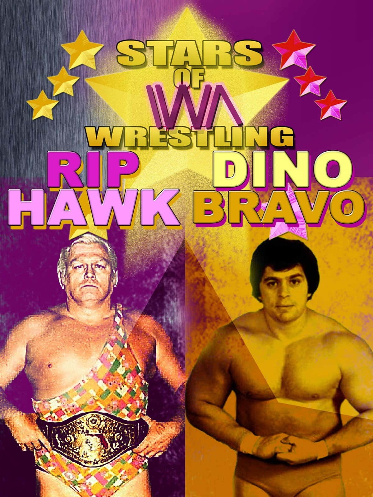 poster 桌布 壁紙 — 復古摔角海報，以鮮豔色彩呈現 Rip Hawk Bravo 和 Dino Bravo，配有星星和冠軍腰帶。