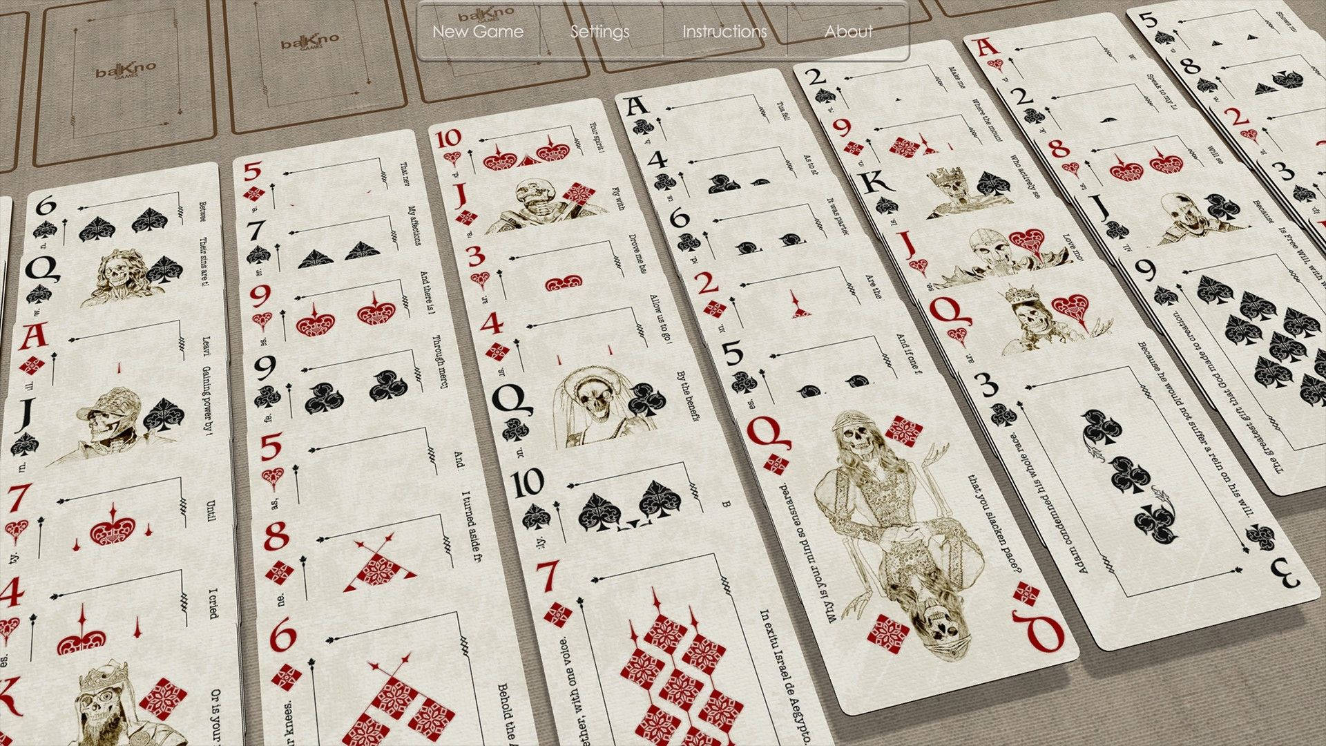 Solitaire 桌布 壁紙 — 復古撲克牌帶有骷髏插圖，在木桌上扇形展開，靠近接龍遊戲介面。