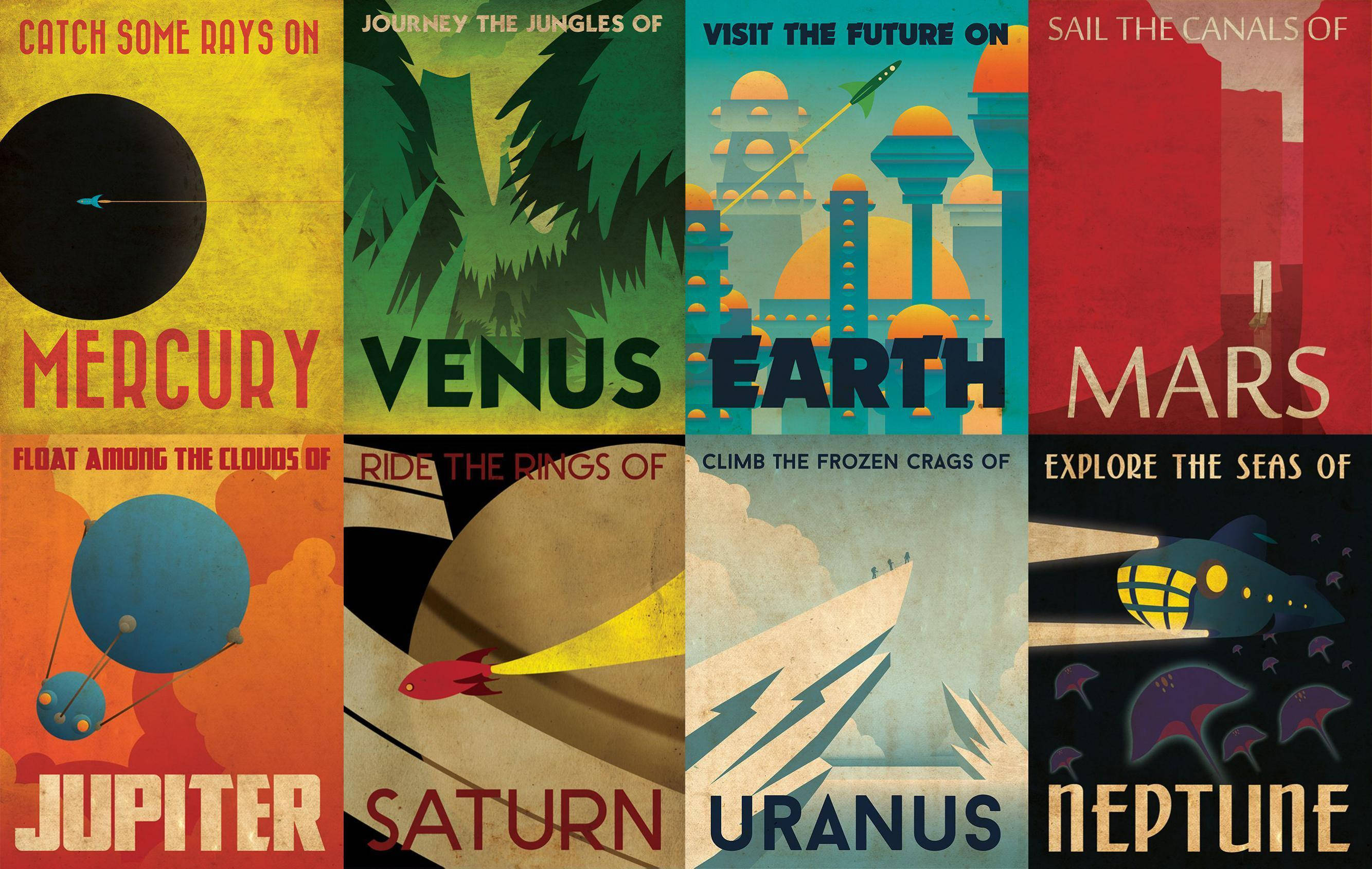 poster 桌布 壁紙 — 復古旅行海報，展示從水星到海王星的行星，每個都有獨特的外星景觀和大膽的復古字體。