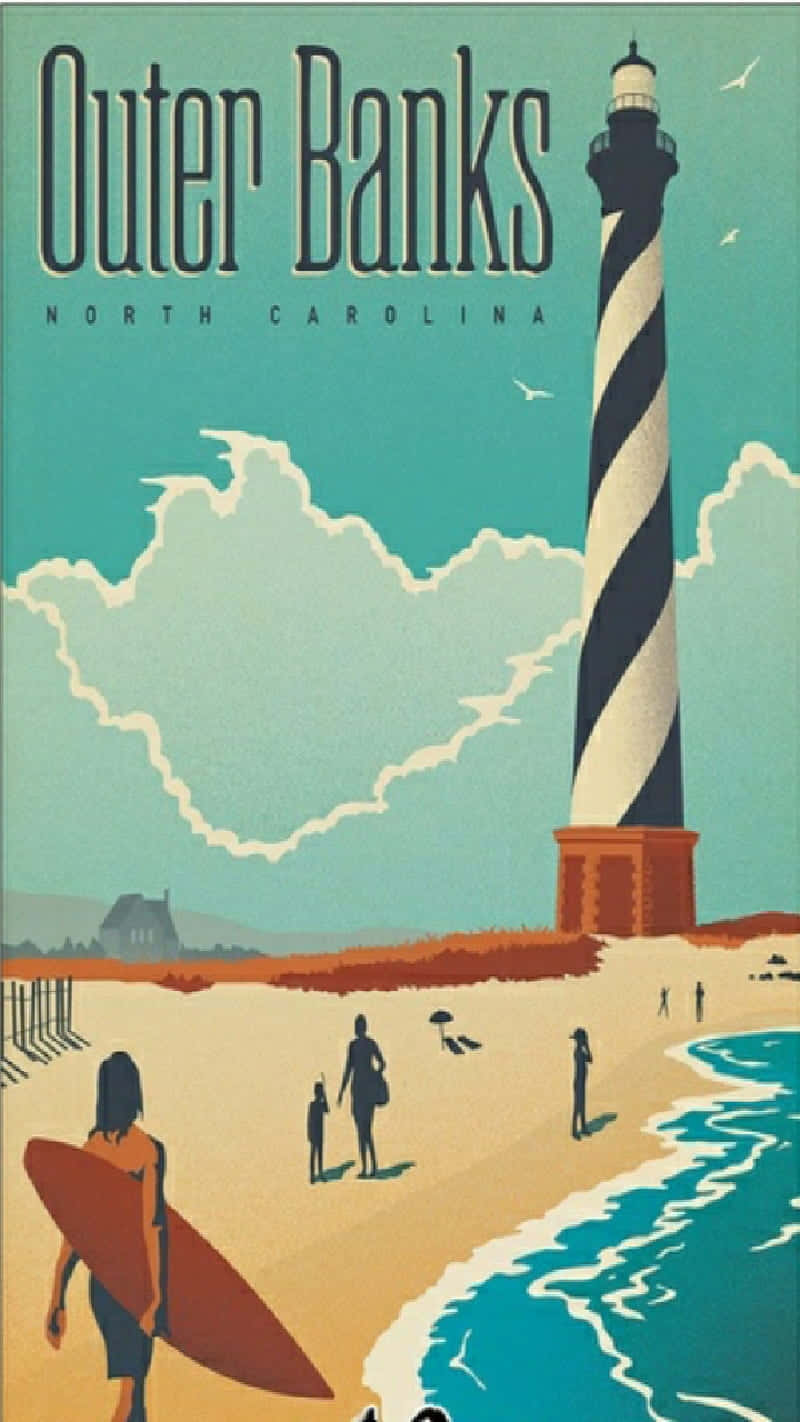 iPhone 桌布 壁紙 — 復古旅行海報風格插圖，描繪沙灘上帶條紋的燈塔，有衝浪者和海岸遊客，天空呈藍綠色。