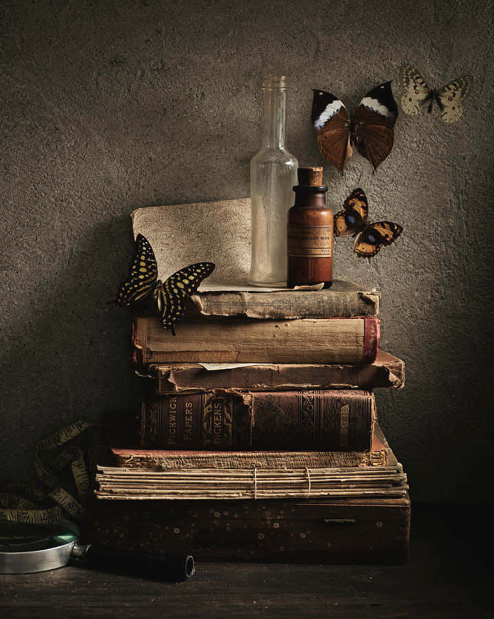 books 桌布 壁紙 — 復古書籍和玻璃瓶與保存的蝴蝶堆疊在一起，背景是紋理灰色牆壁，光線戲劇性。