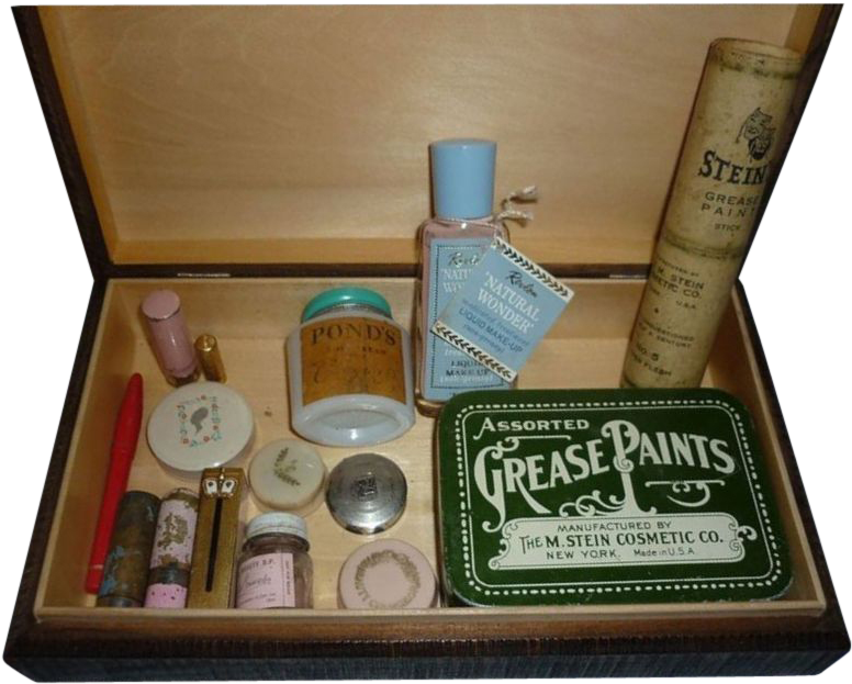 Cosmetics Products 桌布 壁紙 — 復古木盒裝滿古董化妝品，包括油彩、旁氏面霜和Stein品牌化妝品。