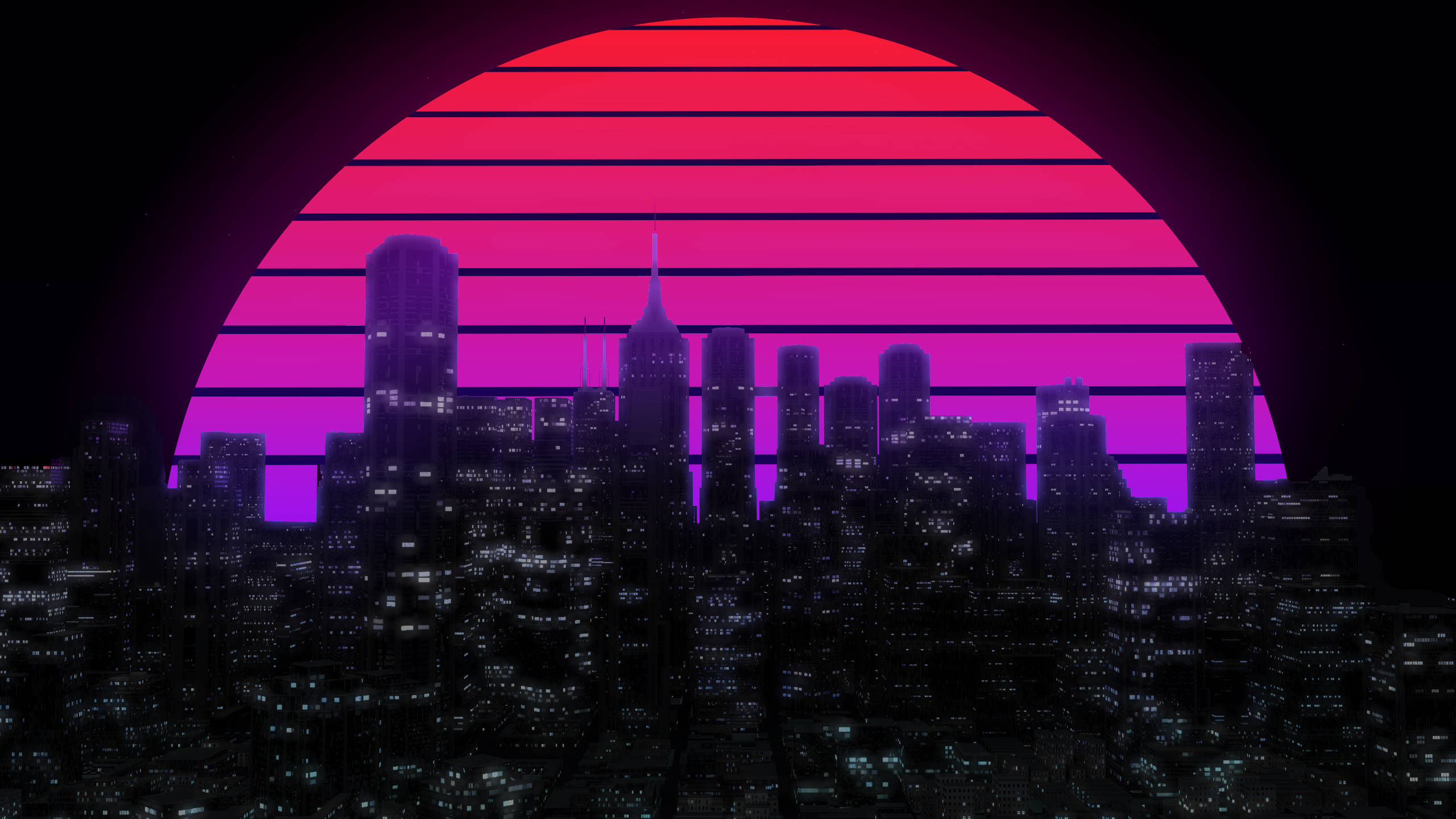 酷炫美學 桌布 壁紙 — 復古未來主義的城市天際線，在巨大的粉紅和紫色條紋日落映襯下形成剪影。