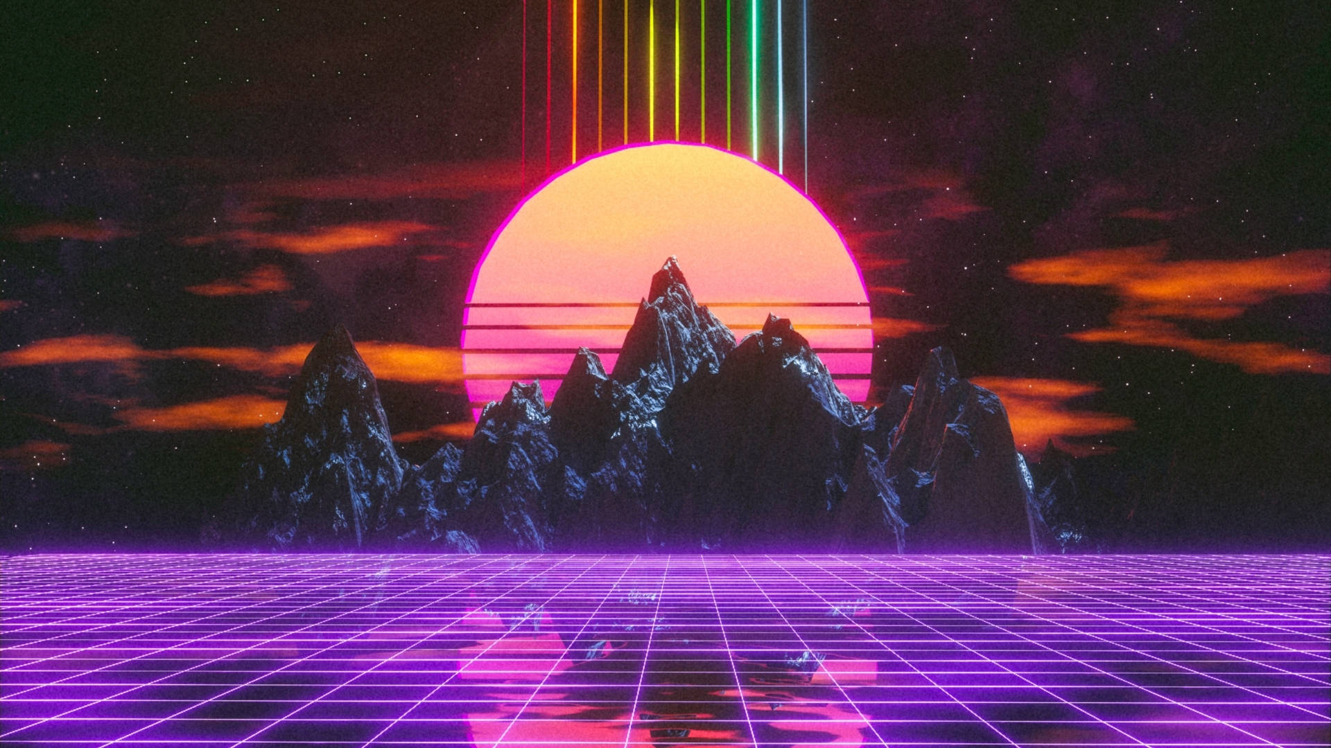 Illustration Art 桌布 壁紙 — 復古未來主義的日落，在鋸齒狀山脈後方有一顆發光的粉紅色太陽，星空下是霓虹紫色網格地板。