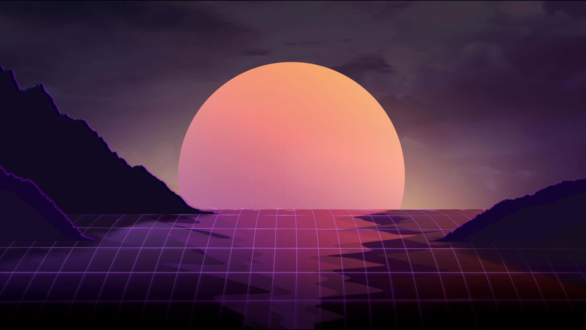 2048x1152 桌布 壁紙 — 復古未來主義的日落，巨大的橙色太陽在紫色山脈和發光的網格景觀之上。