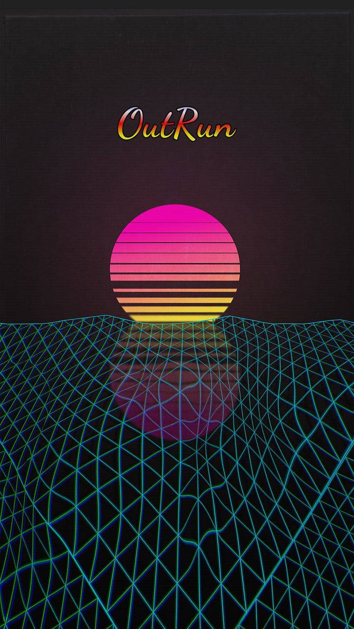 Outrun 桌布 壁紙 — 復古未來主義的日落，漸變粉橙色太陽在發光的藍色網格地平線之上。