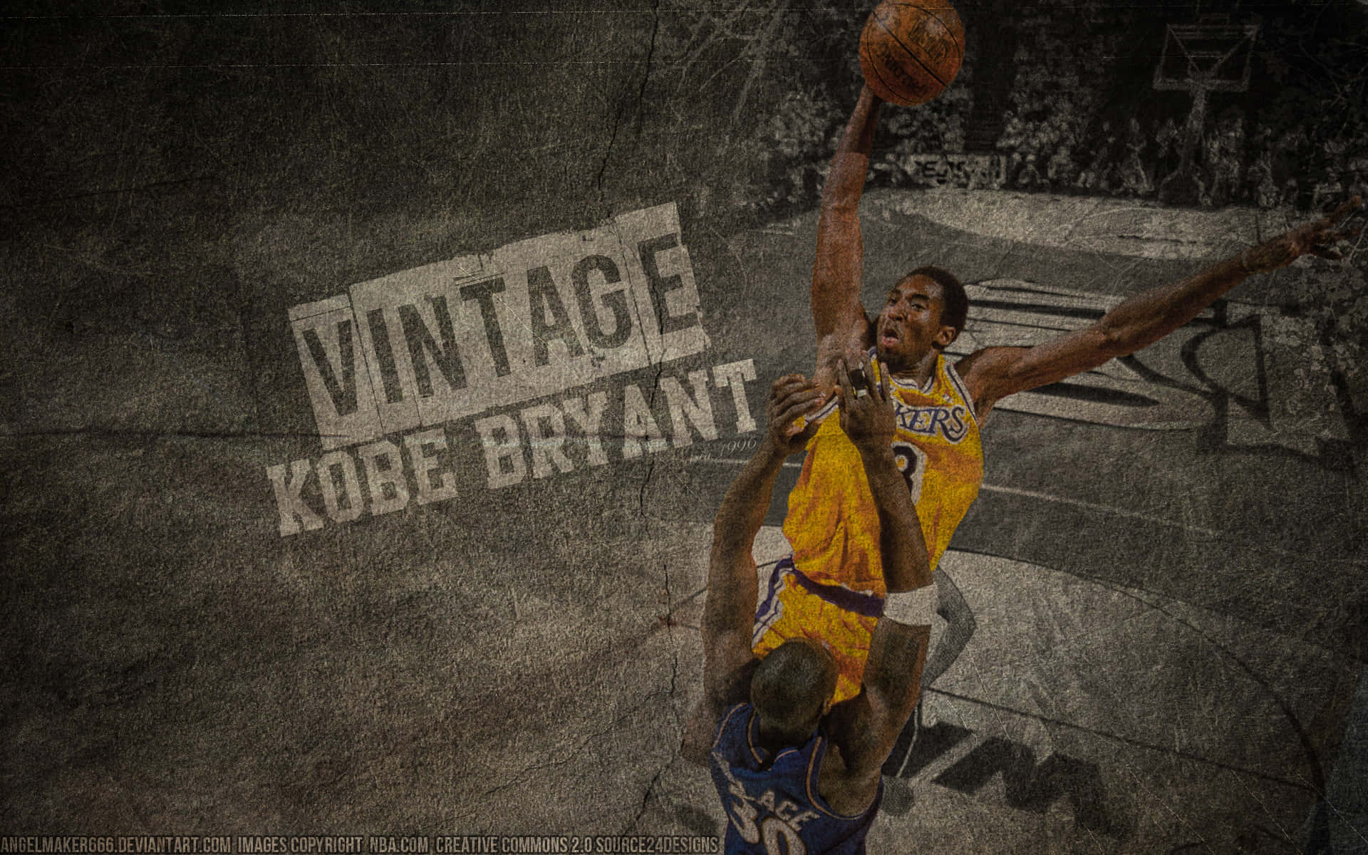 Kobe Basketball 桌布 壁紙 — 復古柯比布萊恩身穿黃色湖人球衣，在粗糙紋理球場上隔著防守者灌籃。