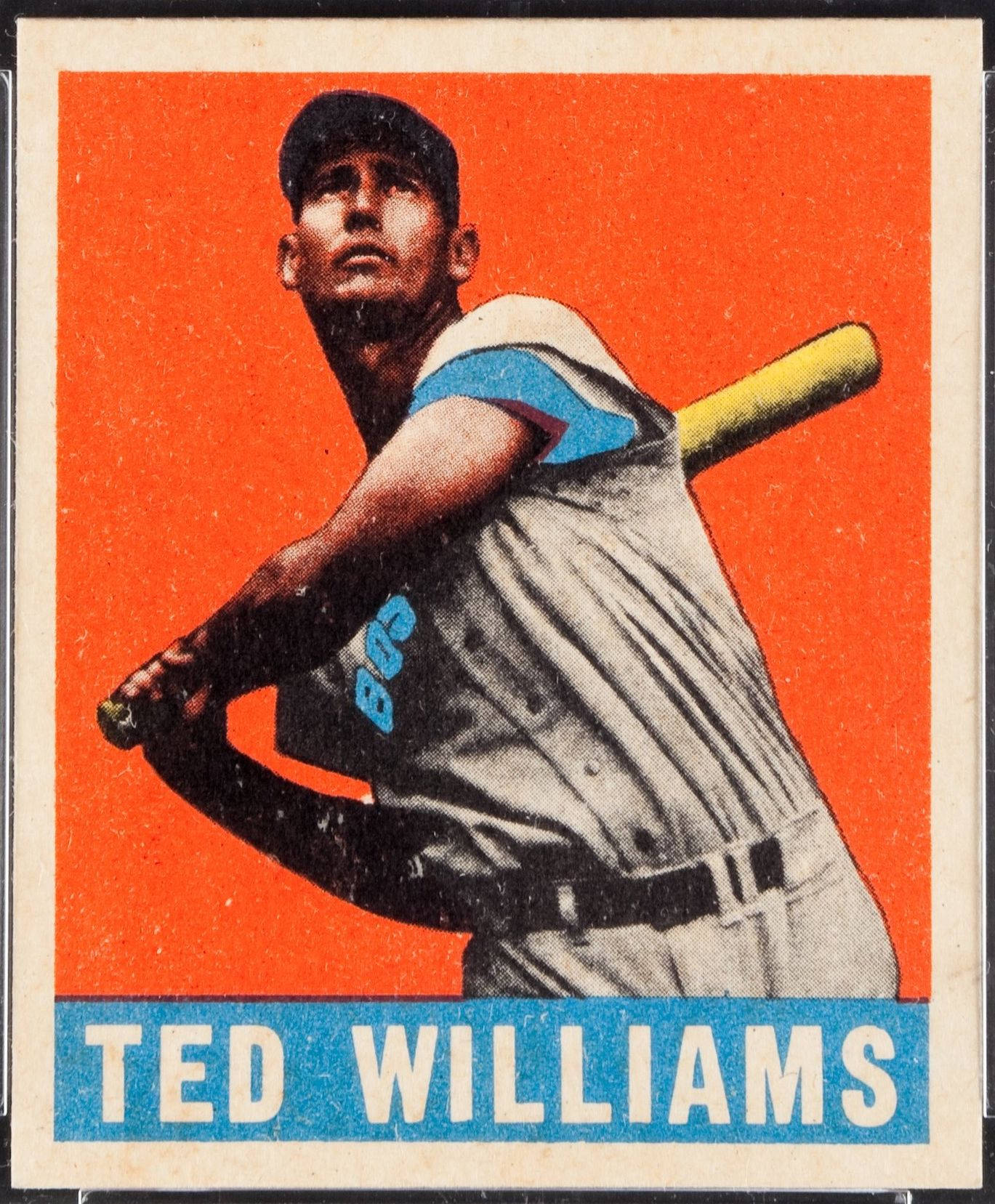 Ted Williams 桌布 壁紙 — 復古棒球卡，泰德·威廉姆斯打擊姿勢，背景為大膽橙色。