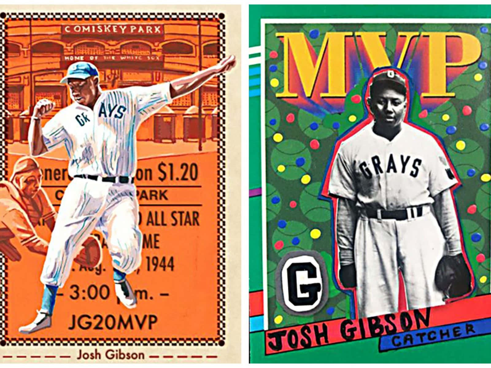 Baseball Cards 桌布 壁紙 — 復古棒球卡分割視圖，展示喬什·吉布森的動作姿勢和MVP肖像，搭配大膽的圖形設計。