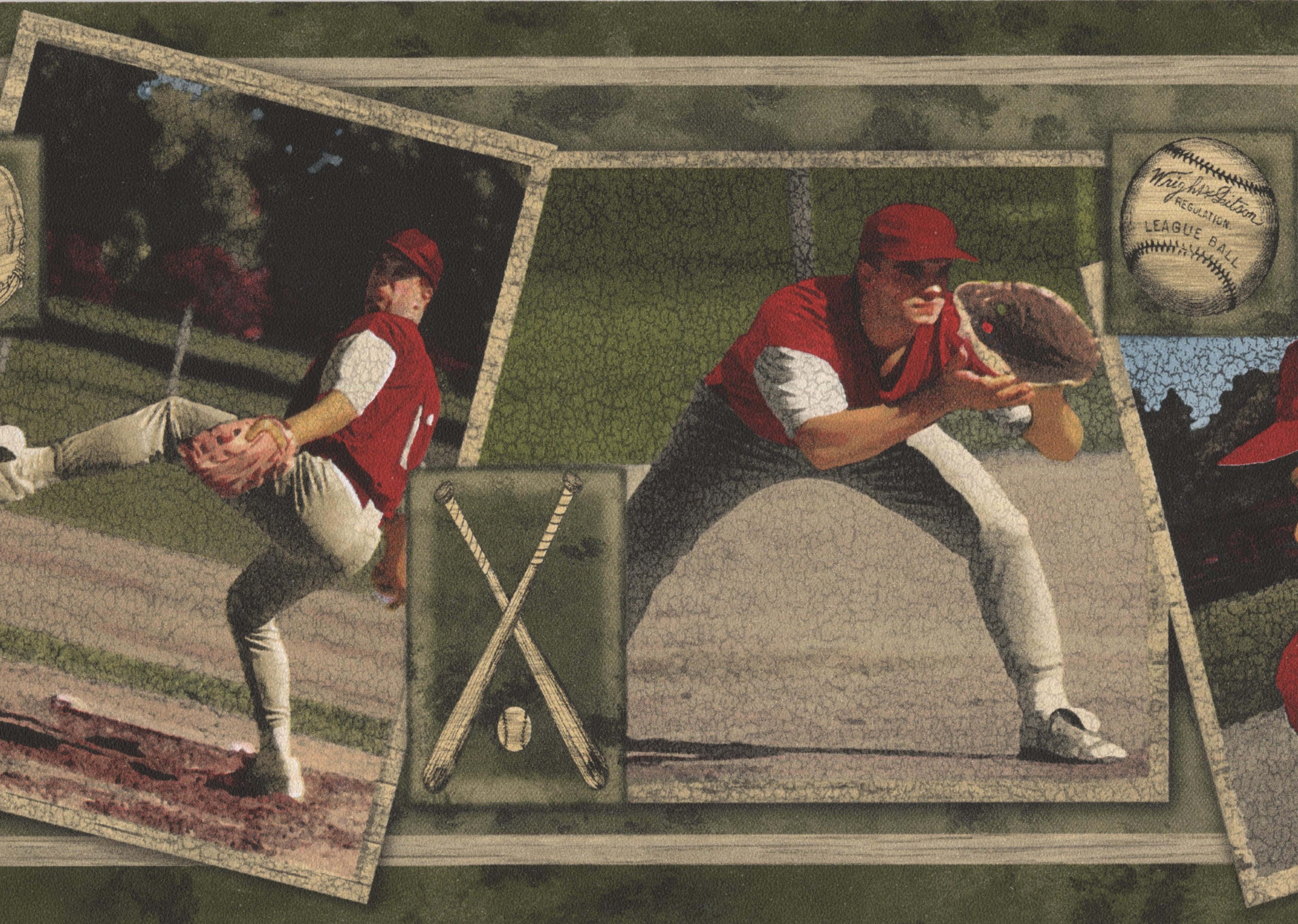 Baseball Cards 桌布 壁紙 — 復古棒球拼貼畫，帶有裂紋相框，展示投手和捕手在球場上穿著紅色制服。