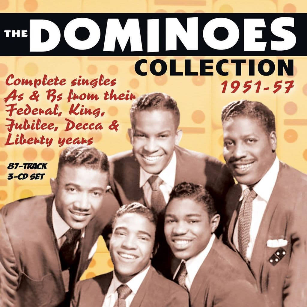band 桌布 壁紙 — 復古棕褐色調照片，The Dominoes 穿著西裝微笑，背景為波點圖案，附有專輯文字。