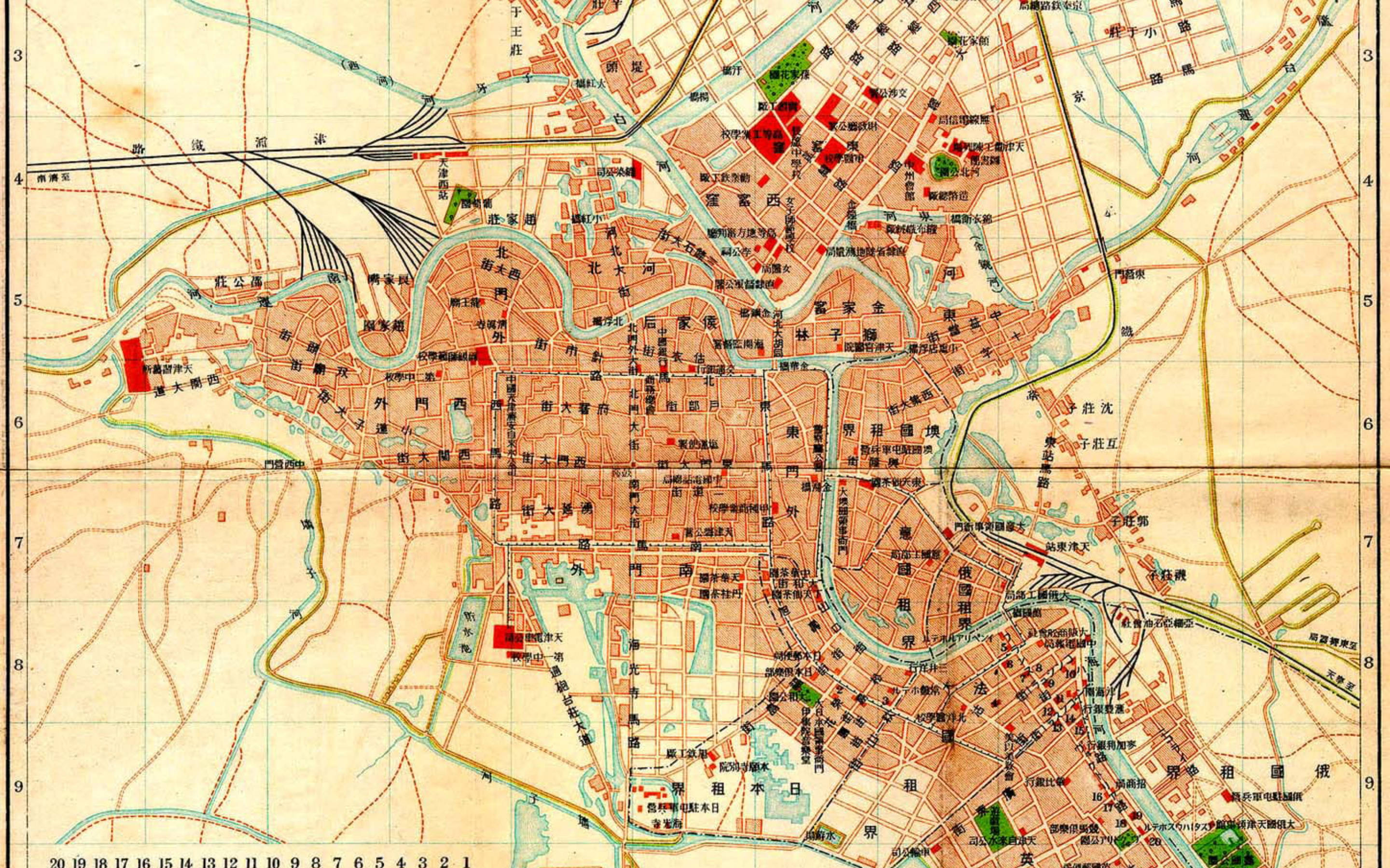 Tianjin 桌布 壁紙 — 復古棕褐色調的城市地圖，詳細描繪了錯綜複雜的街道、河流和中文文字，展現城市佈局。
