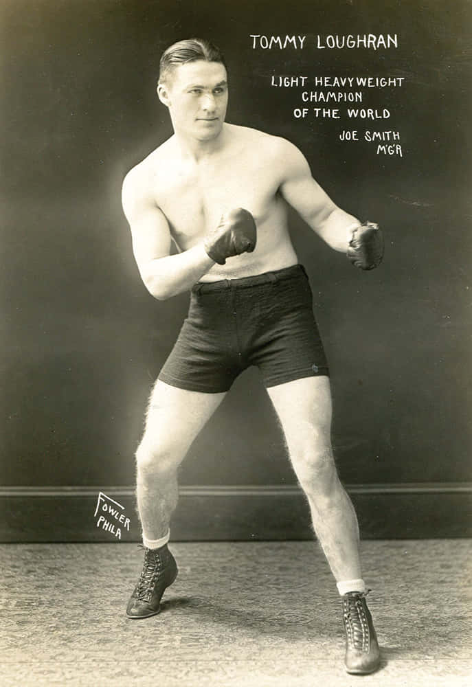 Boxing 桌布 壁紙 — 復古棕褐色調的拳擊手 Tommy Loughran 在深色背景下以戰鬥姿勢戴著手套和短褲的肖像。
