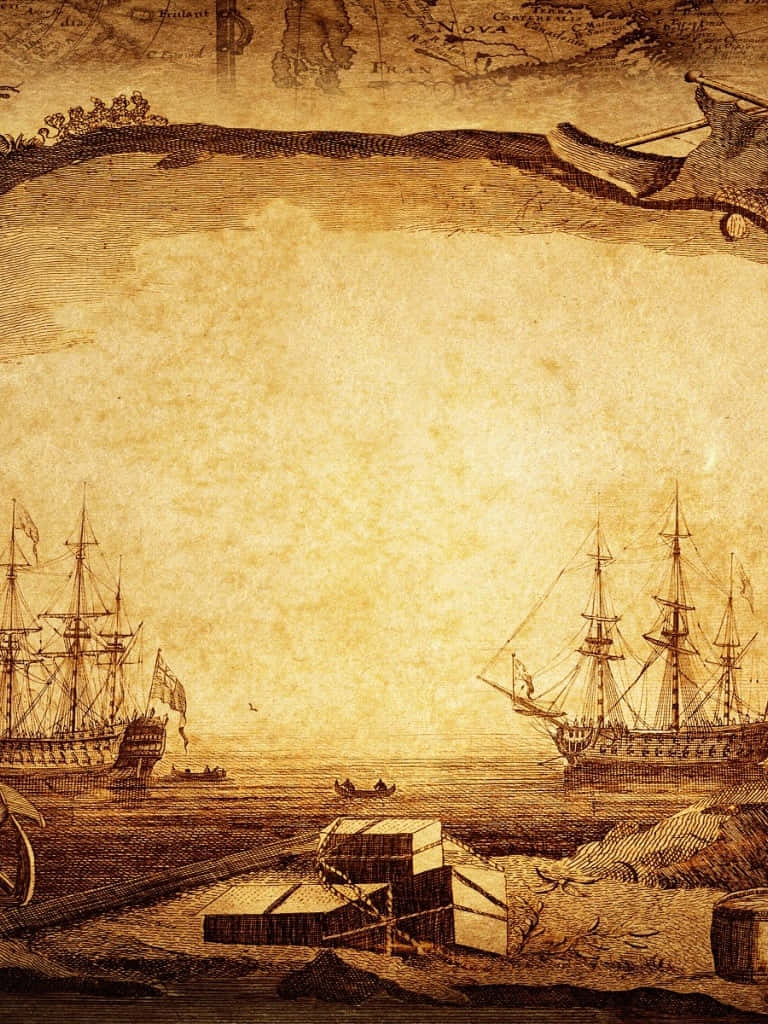 Historical 桌布 壁紙 — 復古棕褐色調的歷史帆船停泊在港口的雕刻，帶有詳細地圖邊框。