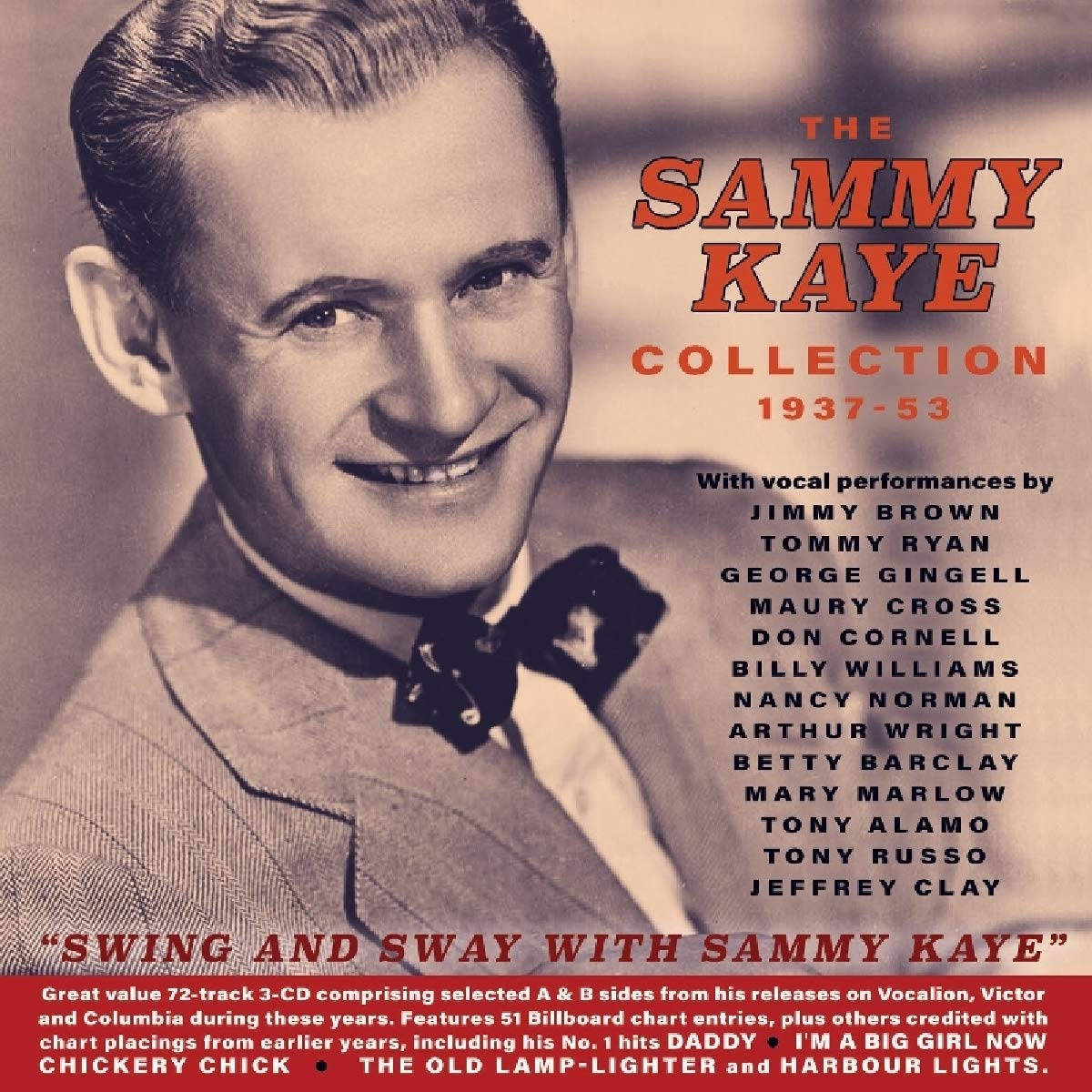 Vintage 桌布 壁紙 — 復古棕褐色調肖像，微笑音樂家Sammy Kaye身穿西裝和領結，疊加粗體紅色文字列出他1937-53年的收藏。