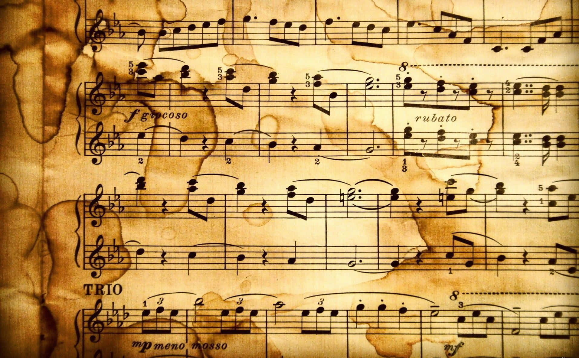 音樂 桌布 壁紙 — 復古樂譜，帶有音符和義大利術語，在陳舊的羊皮紙上，有棕色污漬和破損邊緣。